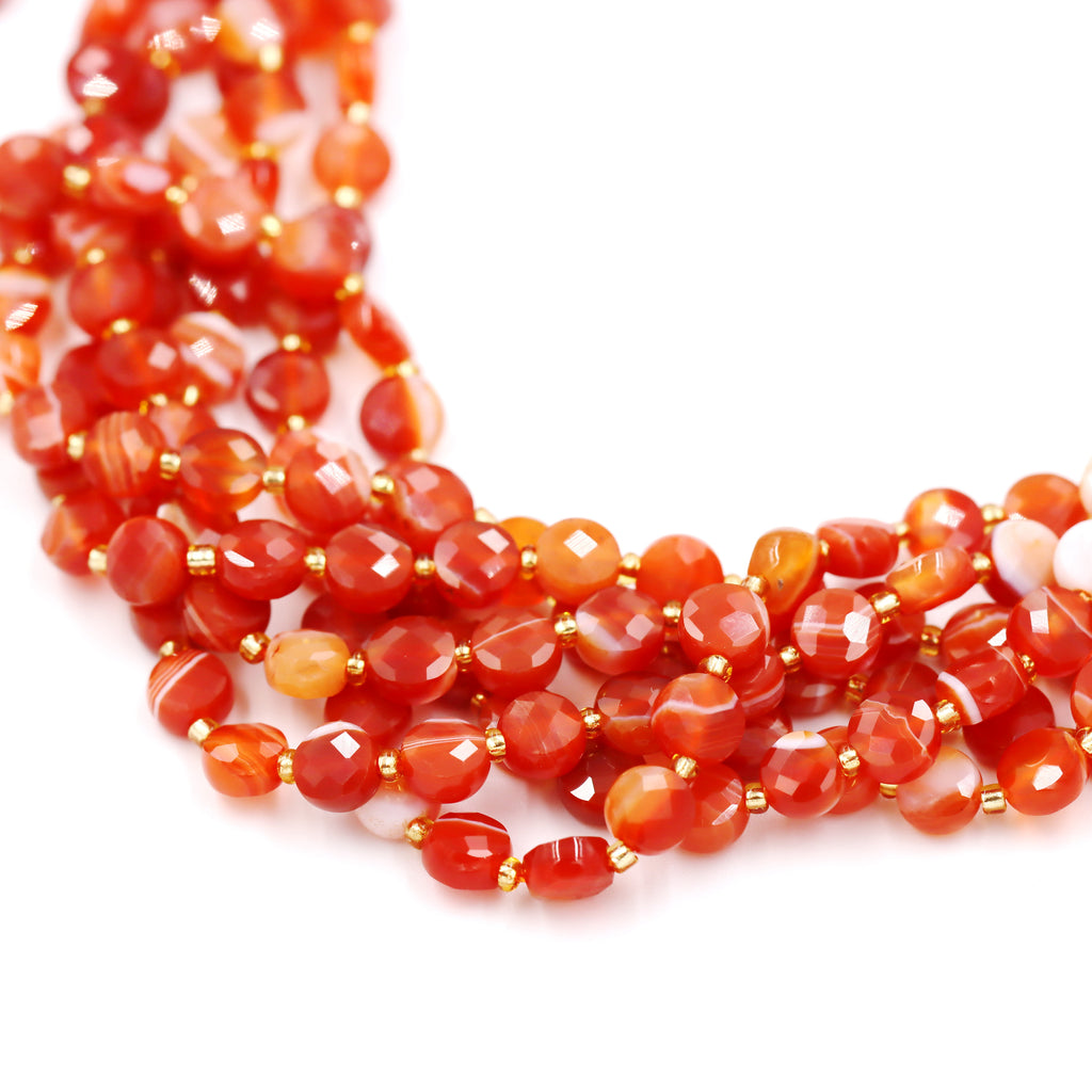 Malahill faceted flat round stone beads for jewelry making, sold per bag 5 strands inside, Red Carnelian beads