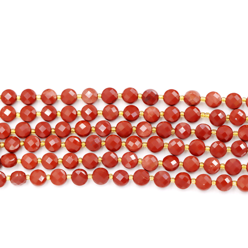 Malahill faceted flat round stone beads for jewelry making, sold per bag 5 strands inside, Red Jasper A beads