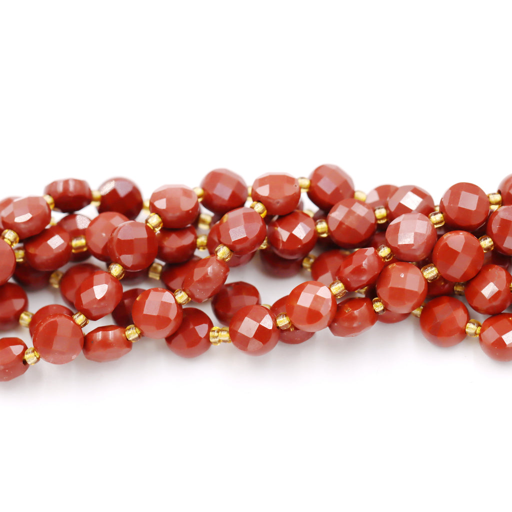Malahill faceted flat round stone beads for jewelry making, sold per bag 5 strands inside, Red Jasper A beads