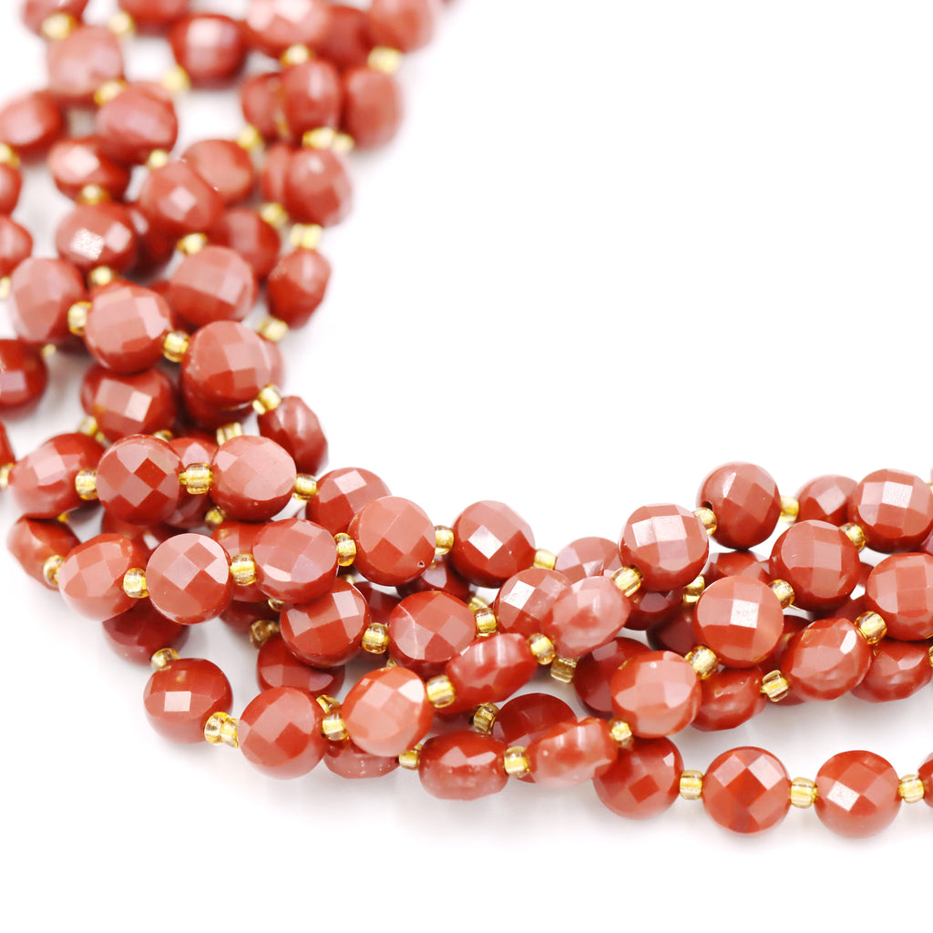 Malahill faceted flat round stone beads for jewelry making, sold per bag 5 strands inside, Red Jasper A beads