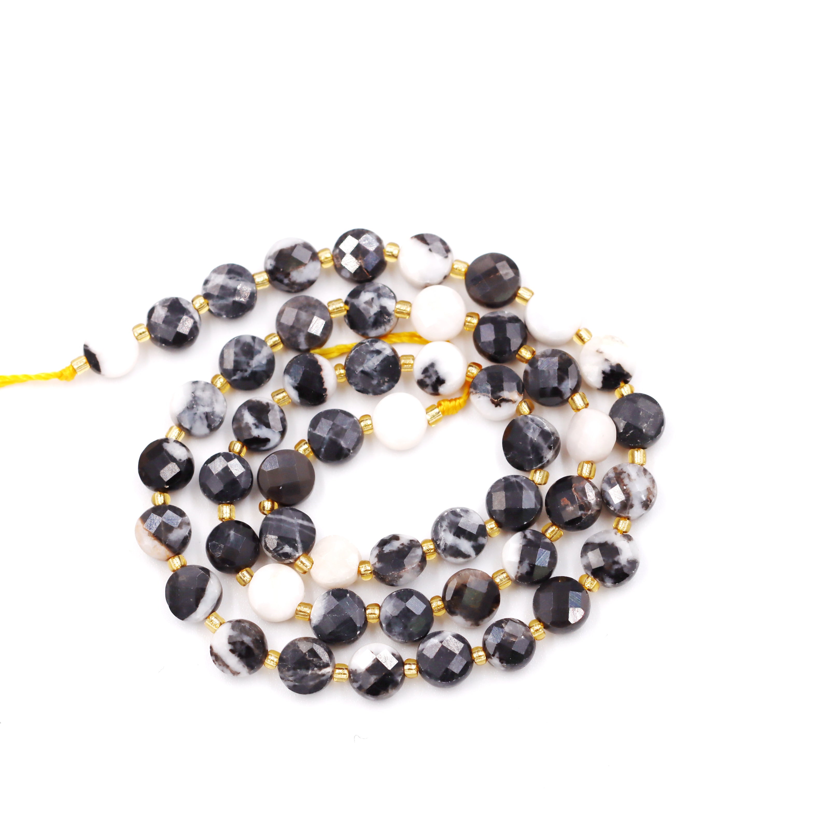 Malahill faceted flat round stone beads for jewelry making, sold per bag 5 strands inside, Black Zebra Jasper beads