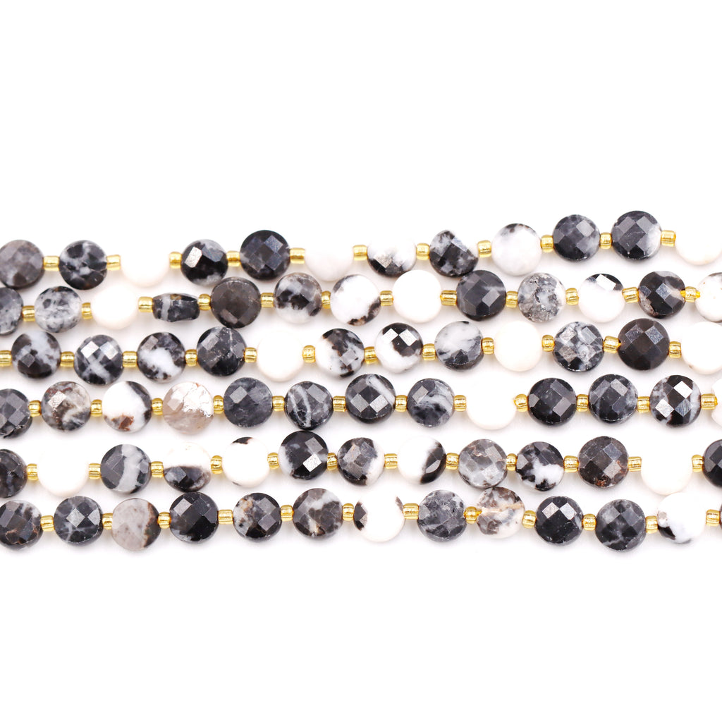 Malahill faceted flat round stone beads for jewelry making, sold per bag 5 strands inside, Black Zebra Jasper beads