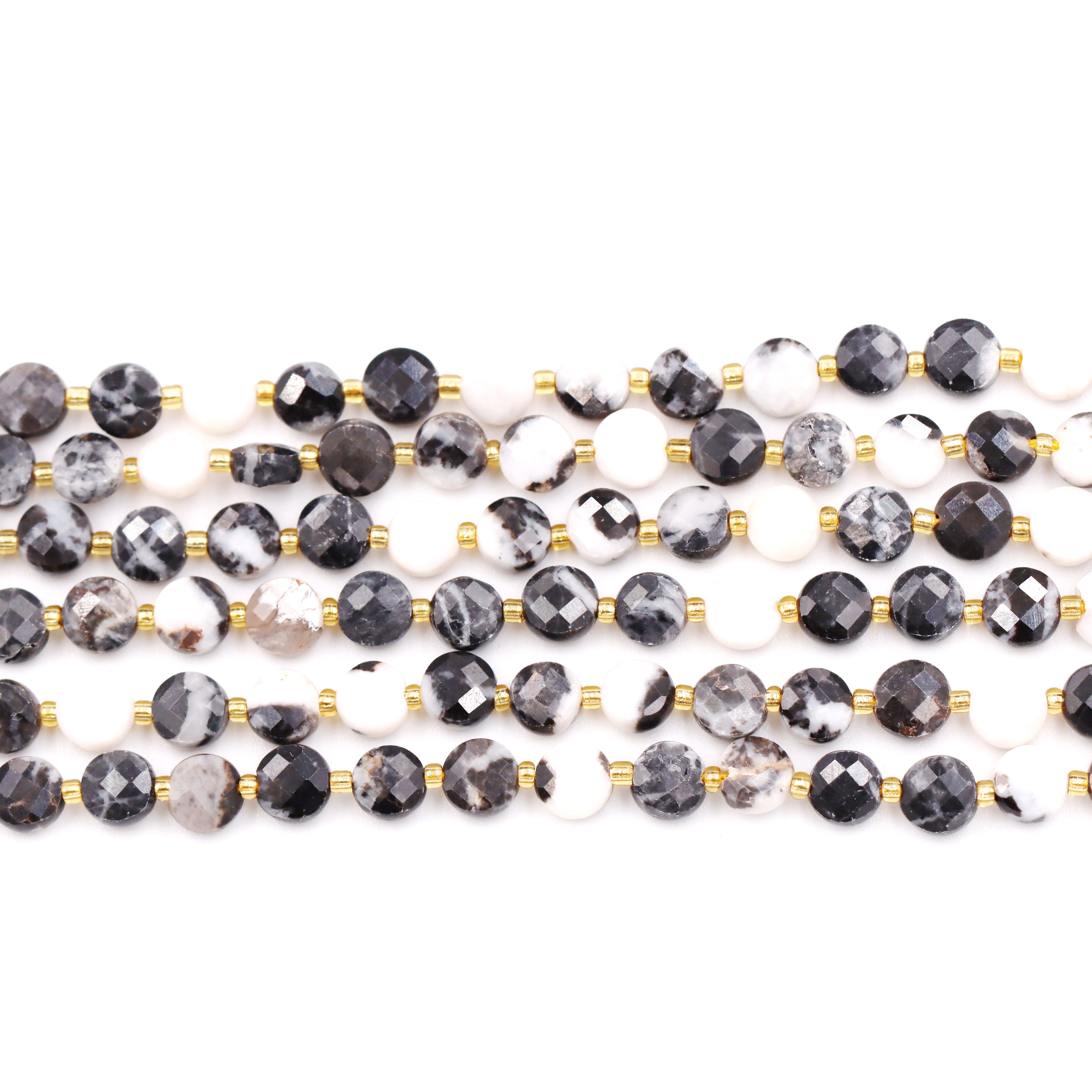 Malahill faceted flat round stone beads for jewelry making, sold per bag 5 strands inside, Black Zebra Jasper beads