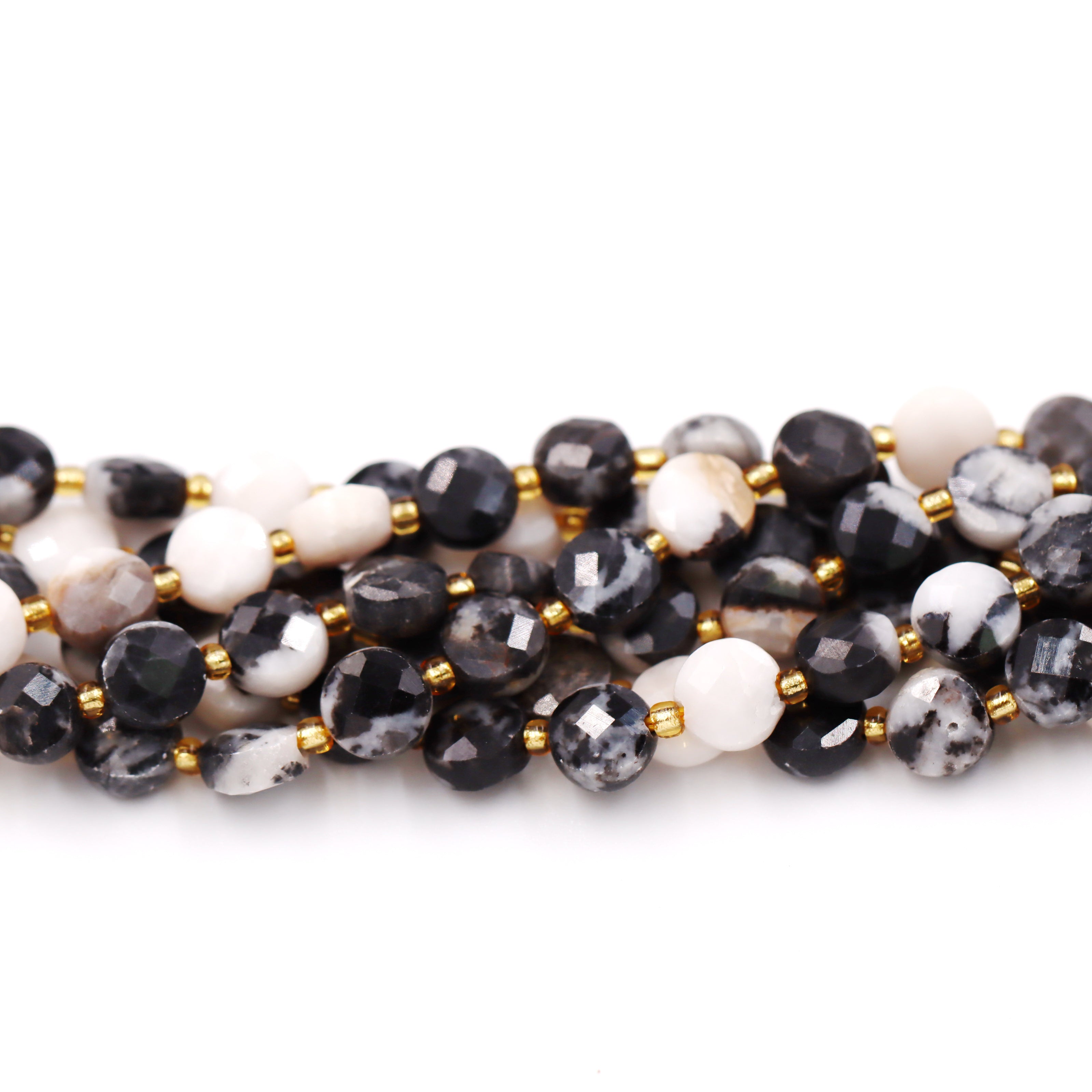 Malahill faceted flat round stone beads for jewelry making, sold per bag 5 strands inside, Black Zebra Jasper beads
