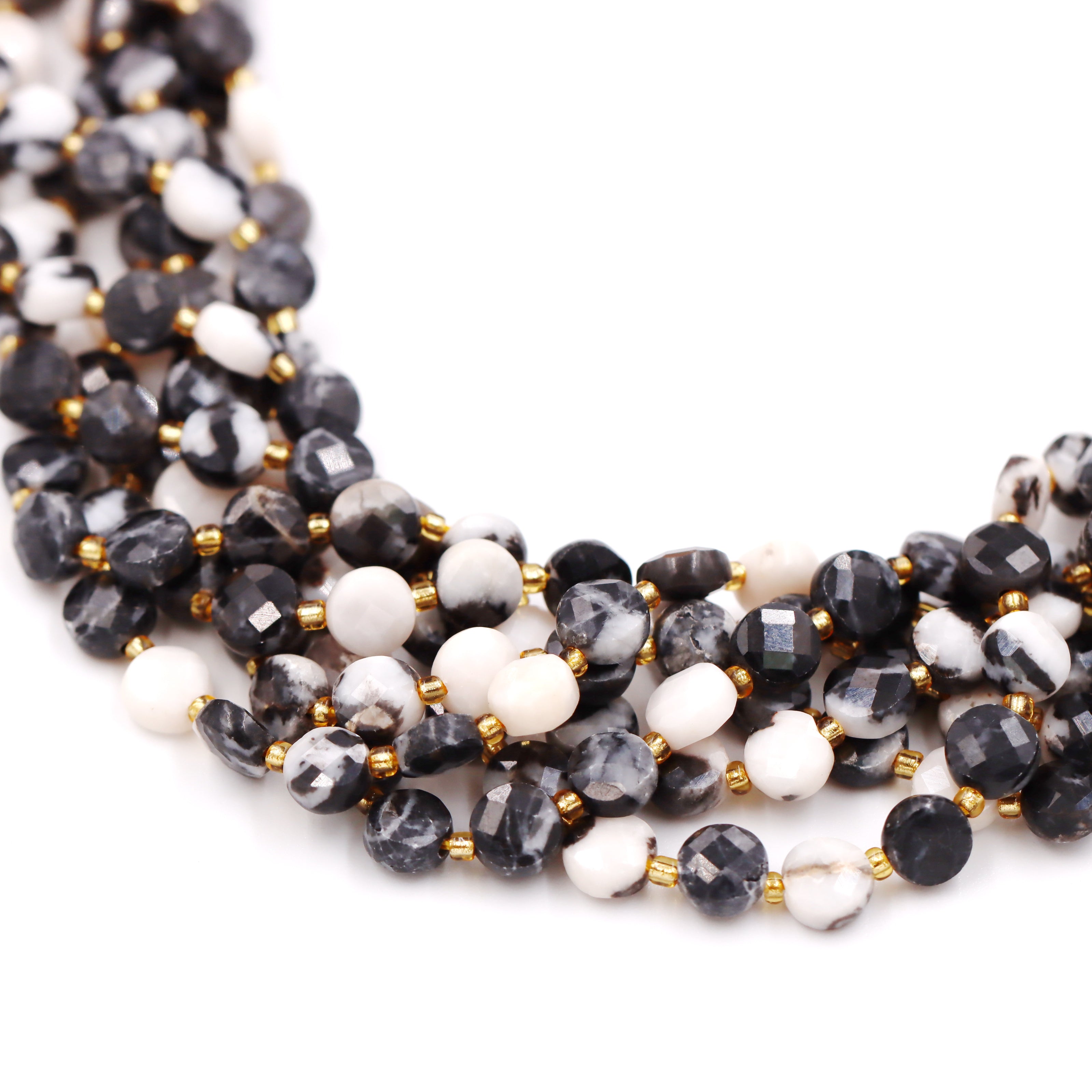 Malahill faceted flat round stone beads for jewelry making, sold per bag 5 strands inside, Black Zebra Jasper beads