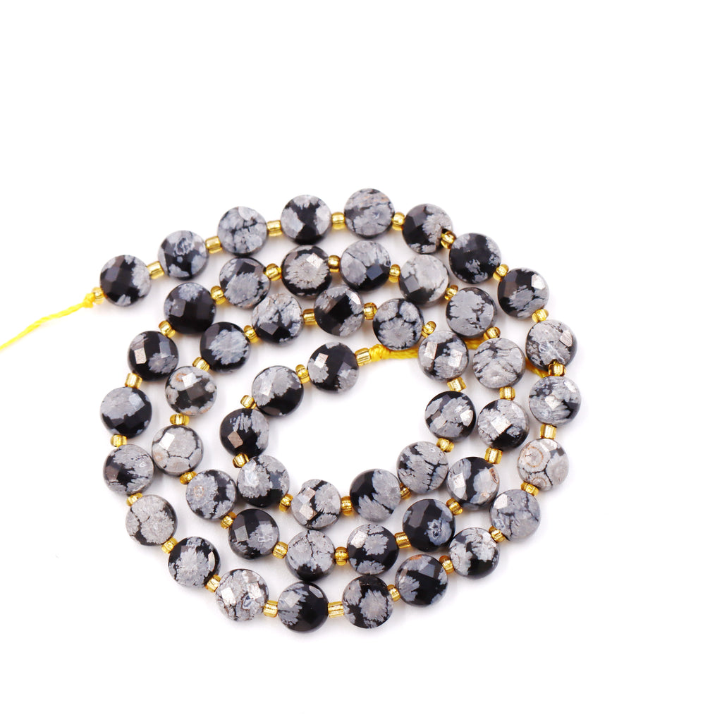 Malahill faceted flat round stone beads for jewelry making, sold per bag 5 strands inside, Snowflake Obsidian beads