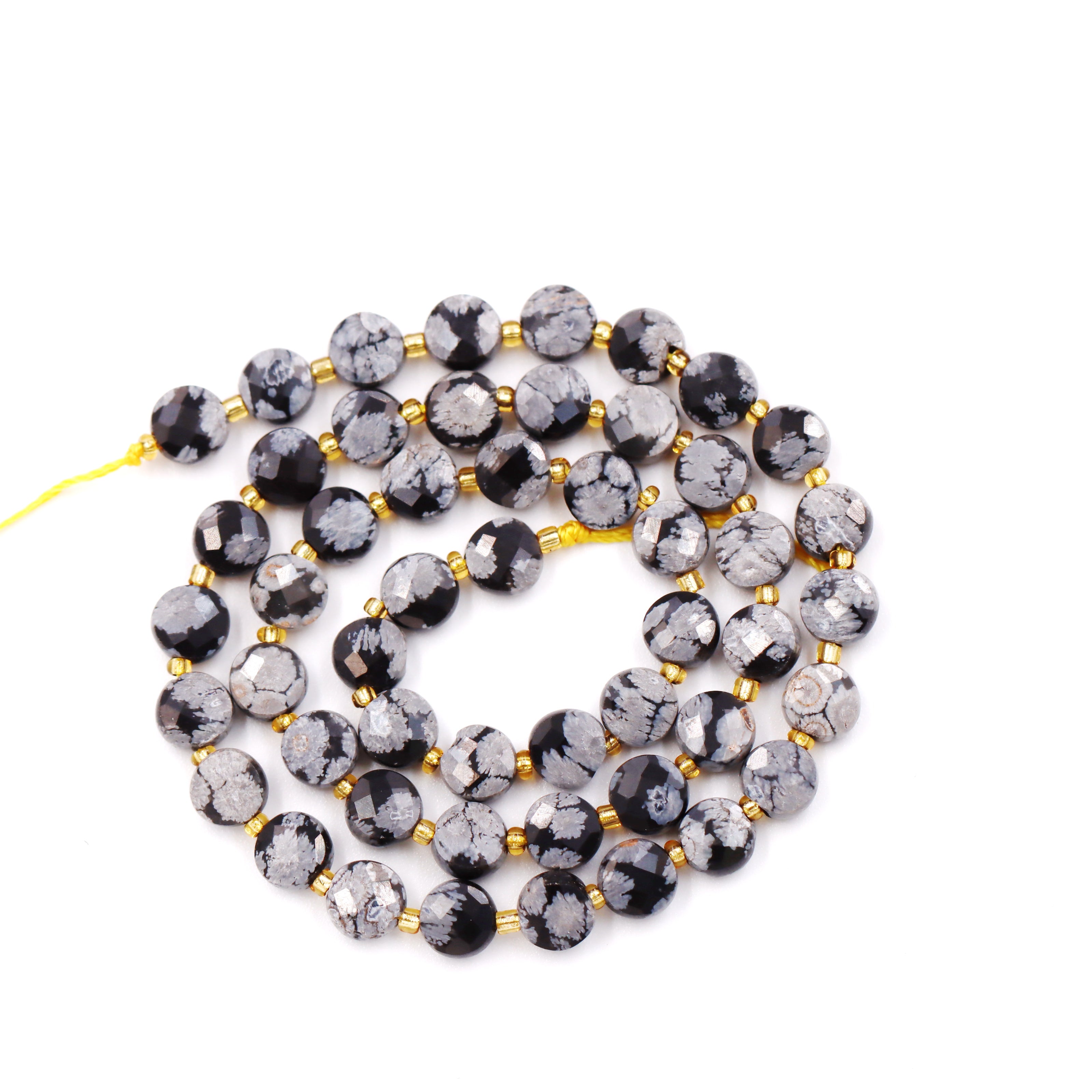 Malahill faceted flat round stone beads for jewelry making, sold per bag 5 strands inside, Snowflake Obsidian beads