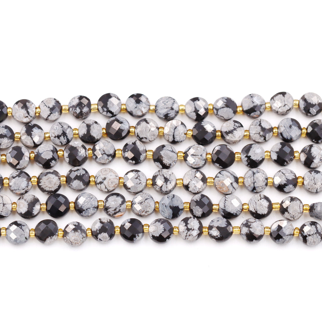 Malahill faceted flat round stone beads for jewelry making, sold per bag 5 strands inside, Snowflake Obsidian beads