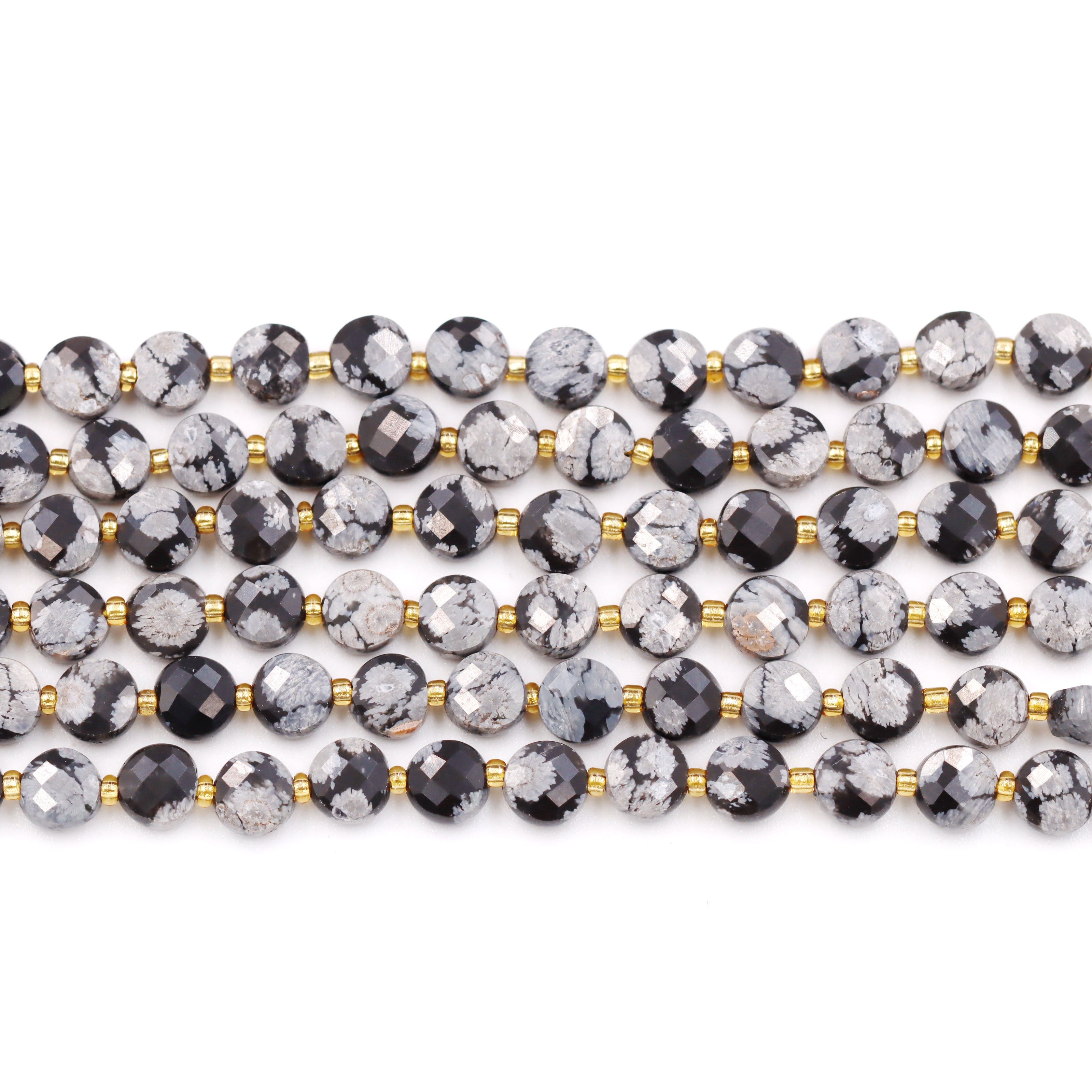 Malahill faceted flat round stone beads for jewelry making, sold per bag 5 strands inside, Snowflake Obsidian beads