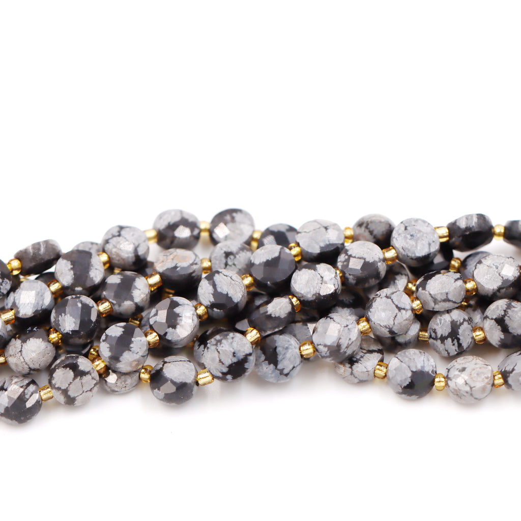 Malahill faceted flat round stone beads for jewelry making, sold per bag 5 strands inside, Snowflake Obsidian beads