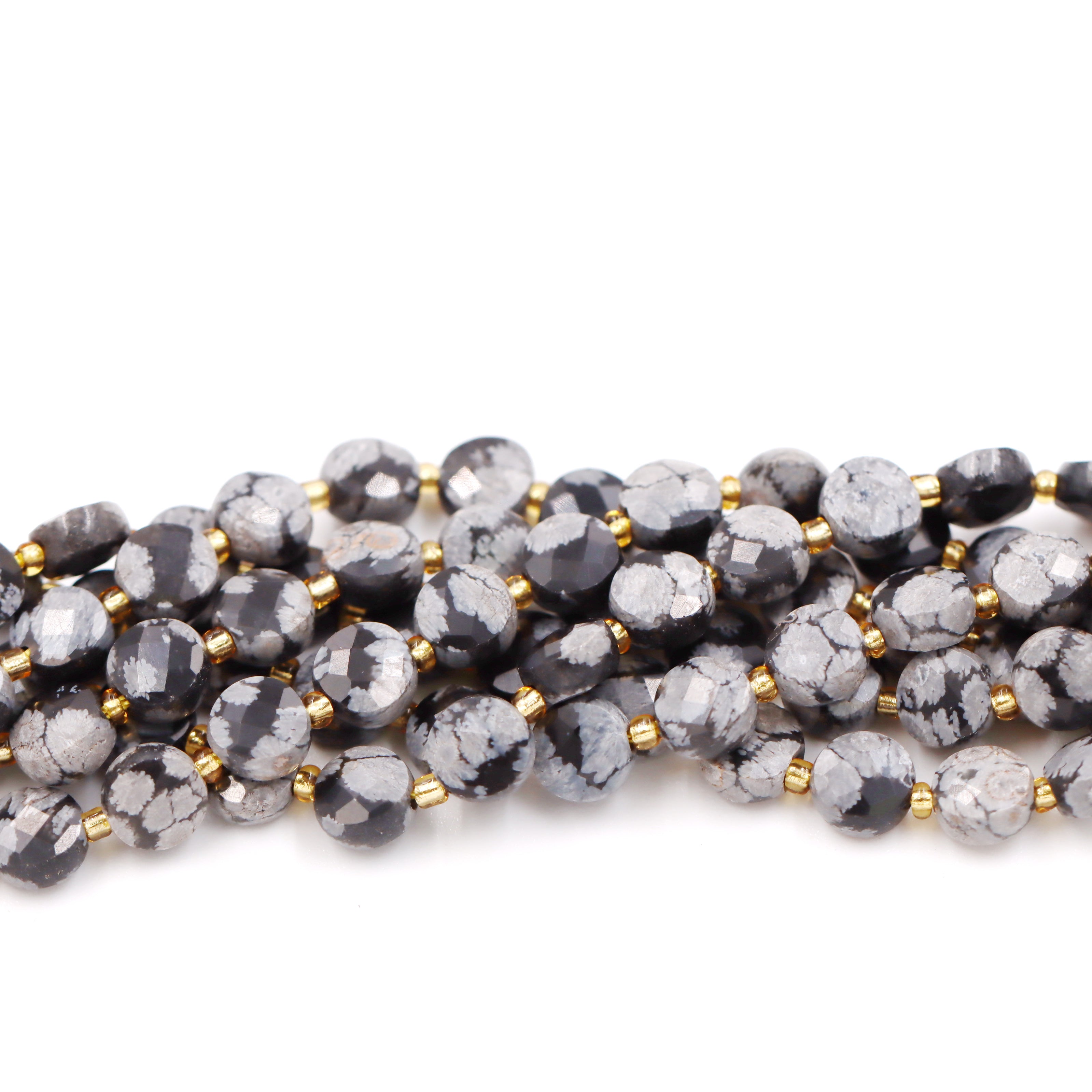 Malahill faceted flat round stone beads for jewelry making, sold per bag 5 strands inside, Snowflake Obsidian beads