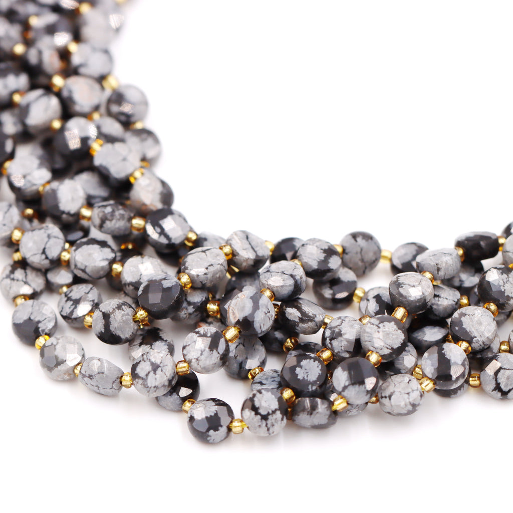 Malahill faceted flat round stone beads for jewelry making, sold per bag 5 strands inside, Snowflake Obsidian beads
