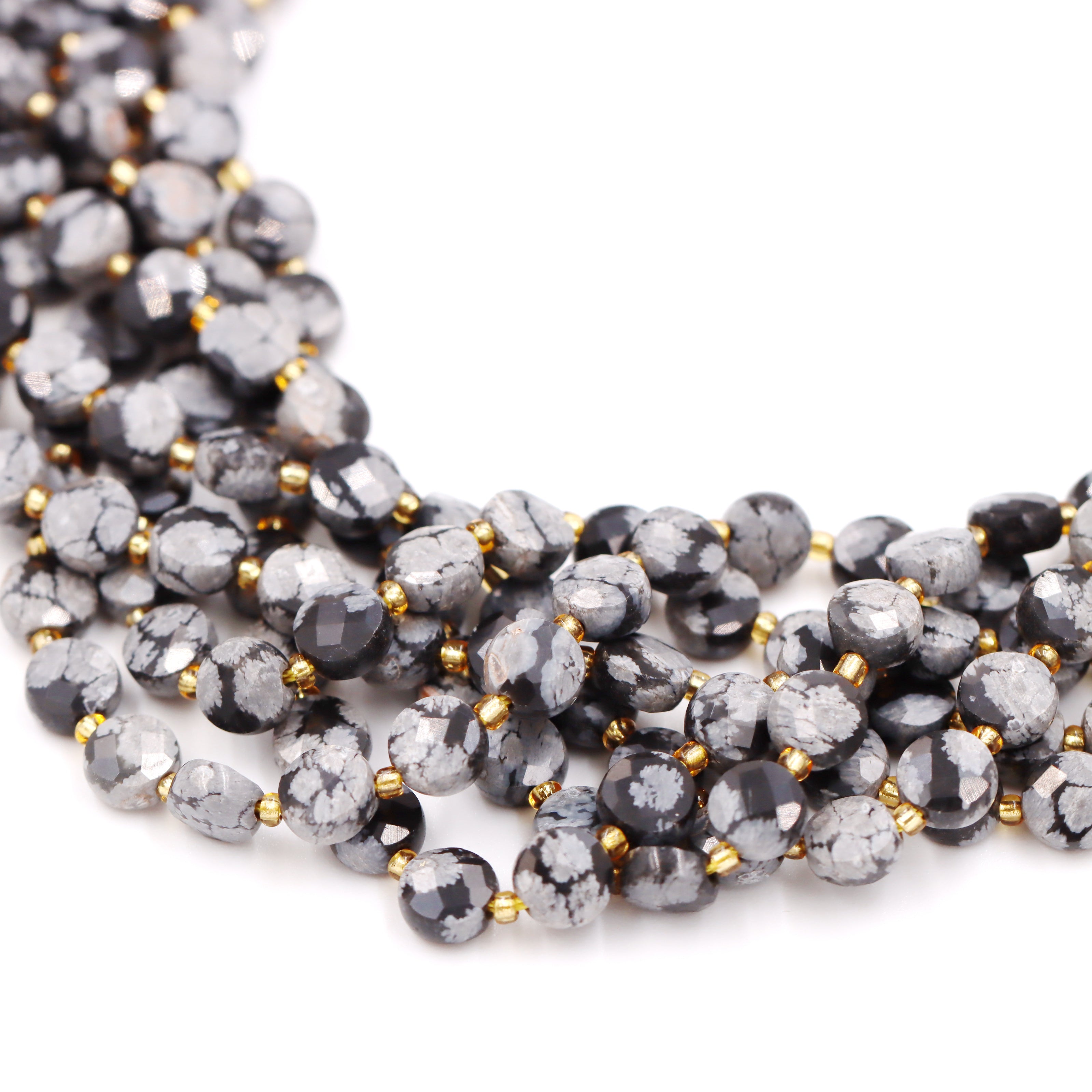 Malahill faceted flat round stone beads for jewelry making, sold per bag 5 strands inside, Snowflake Obsidian beads