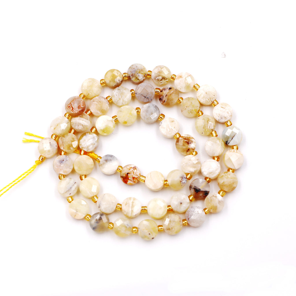Malahill faceted flat round stone beads for jewelry making, sold per bag 5 strands inside, Yellow Opal A beads