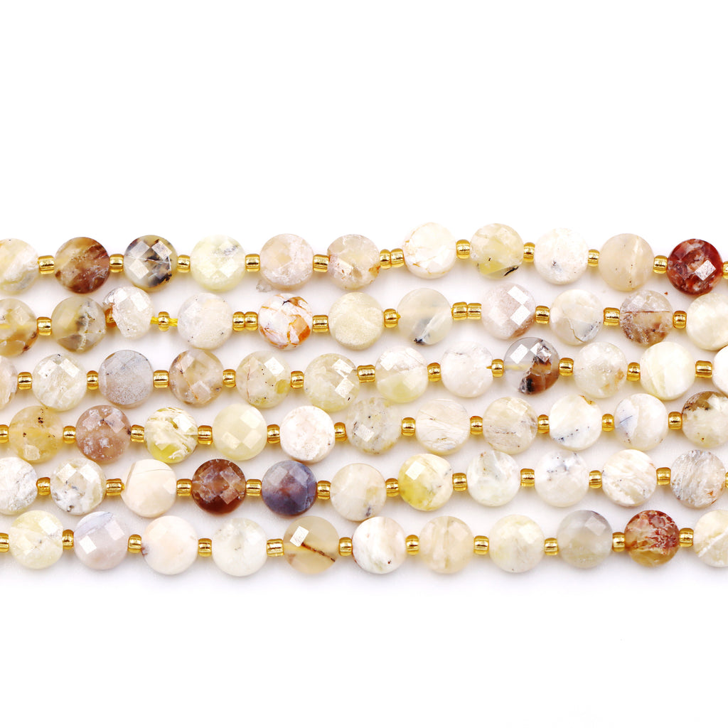 Malahill faceted flat round stone beads for jewelry making, sold per bag 5 strands inside, Yellow Opal A beads