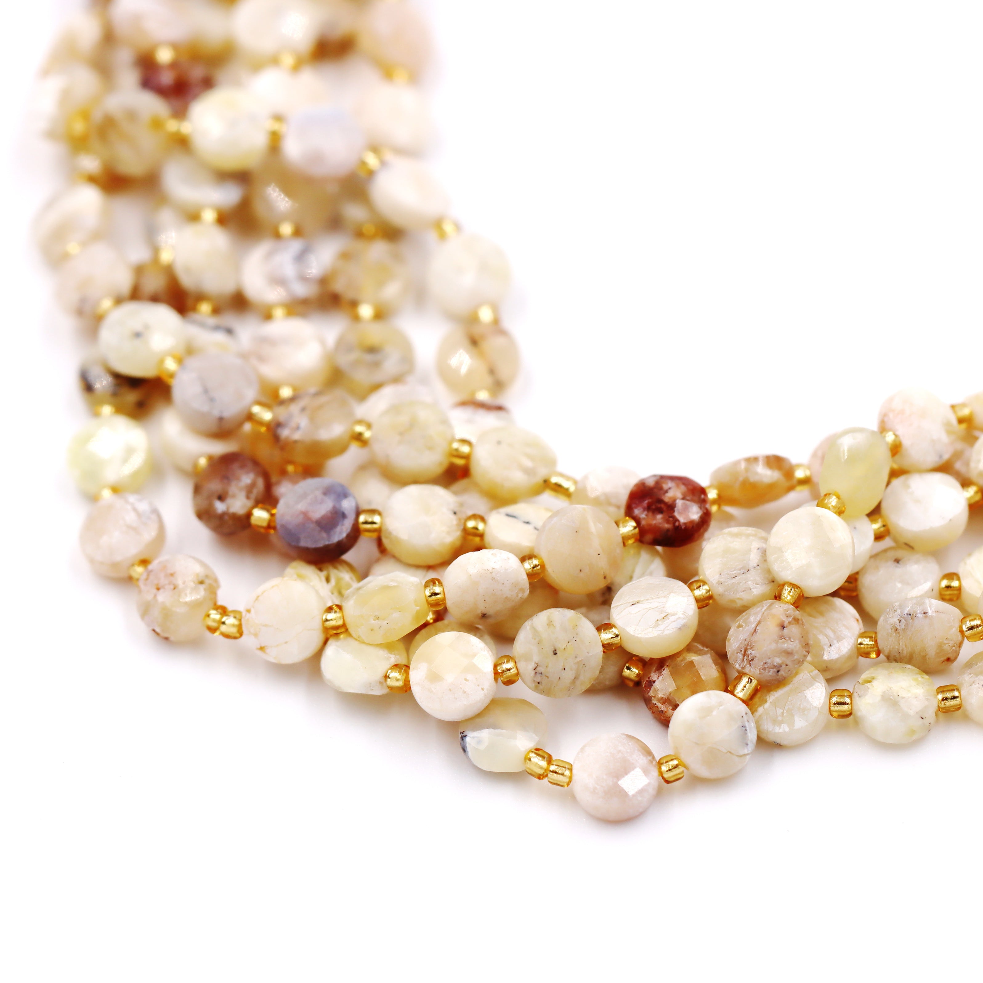 Malahill faceted flat round stone beads for jewelry making, sold per bag 5 strands inside, Yellow Opal A beads