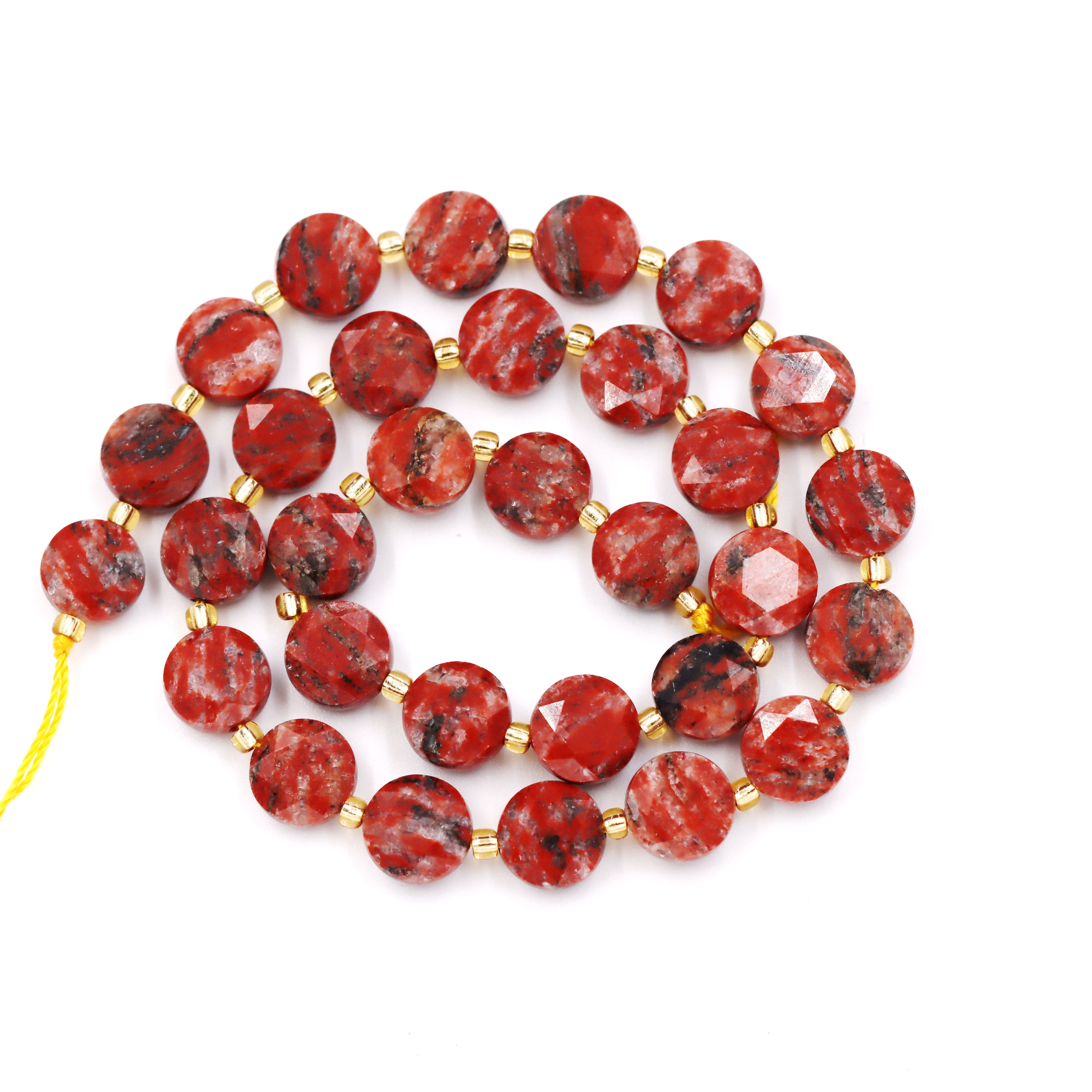 Malahill faceted flat round stone beads for jewelry making, sold per bag 5 strands inside, Red Strip Jasper beads