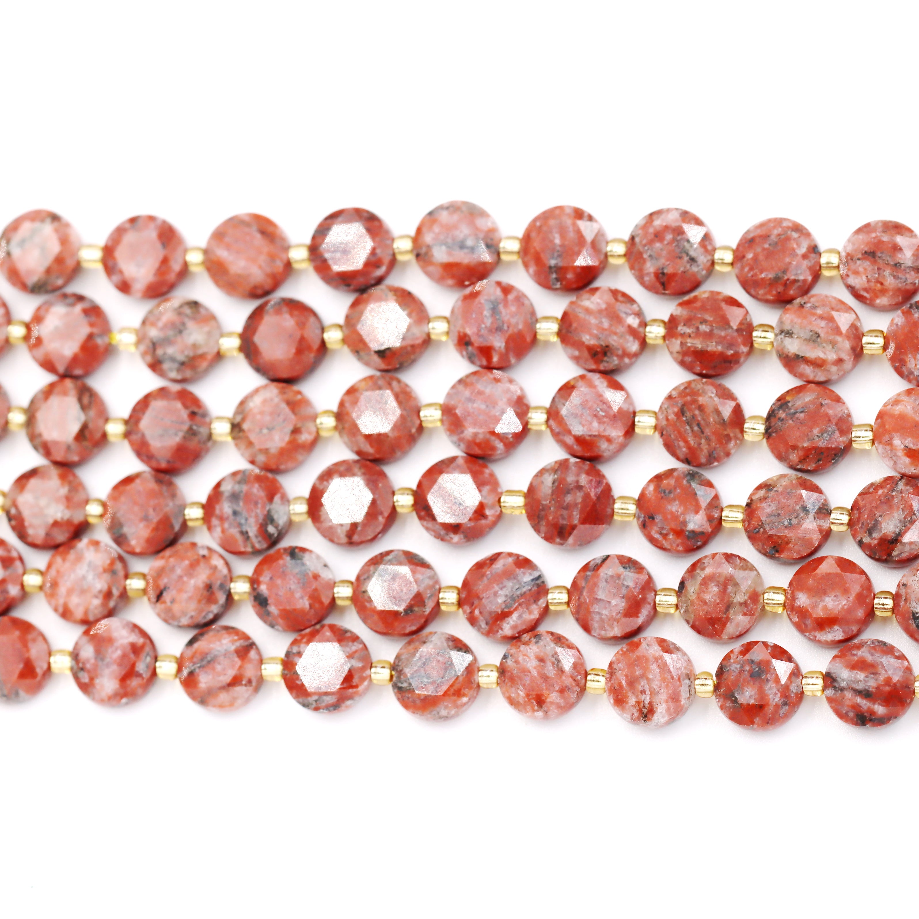 Malahill faceted flat round stone beads for jewelry making, sold per bag 5 strands inside, Red Strip Jasper beads