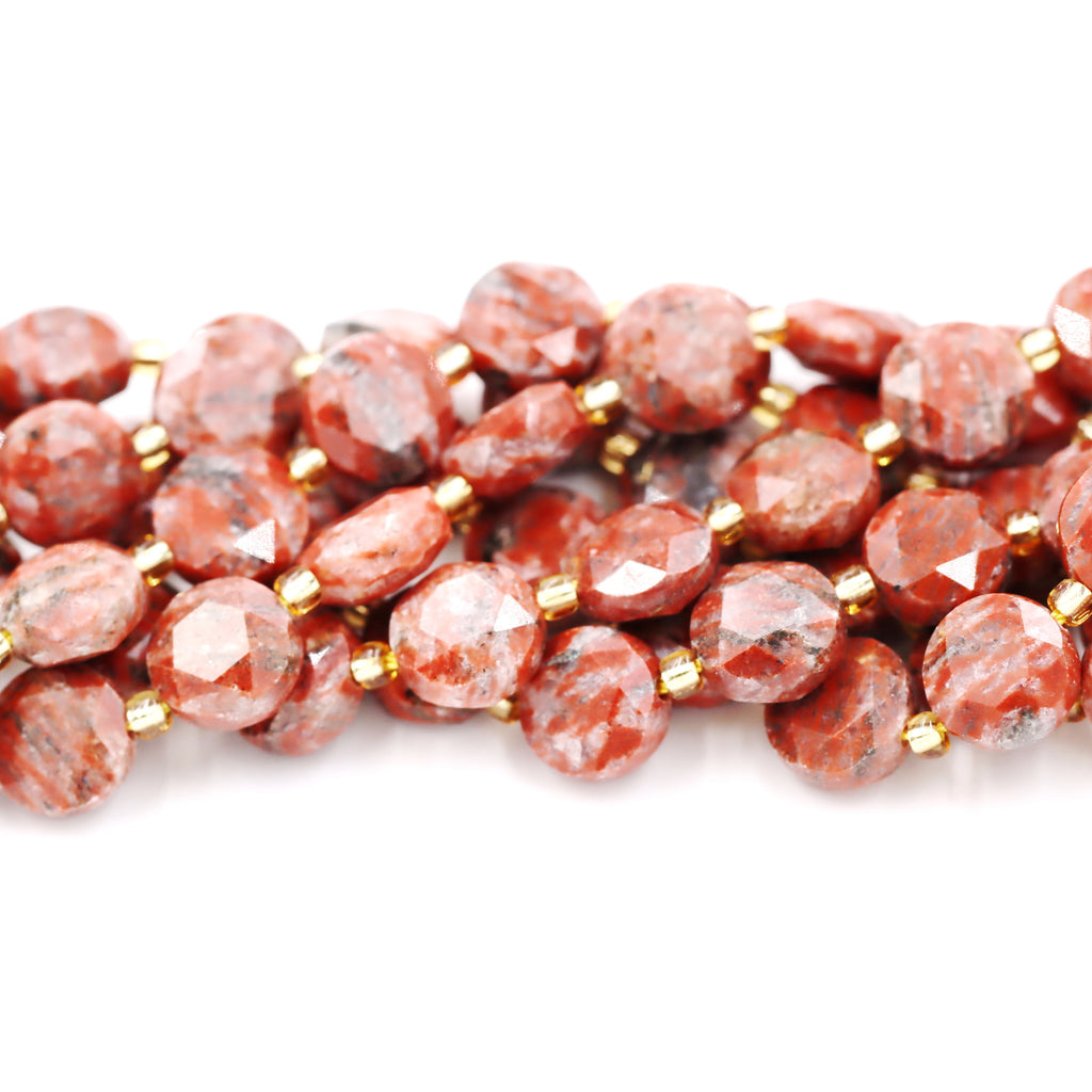 Malahill faceted flat round stone beads for jewelry making, sold per bag 5 strands inside, Red Strip Jasper beads