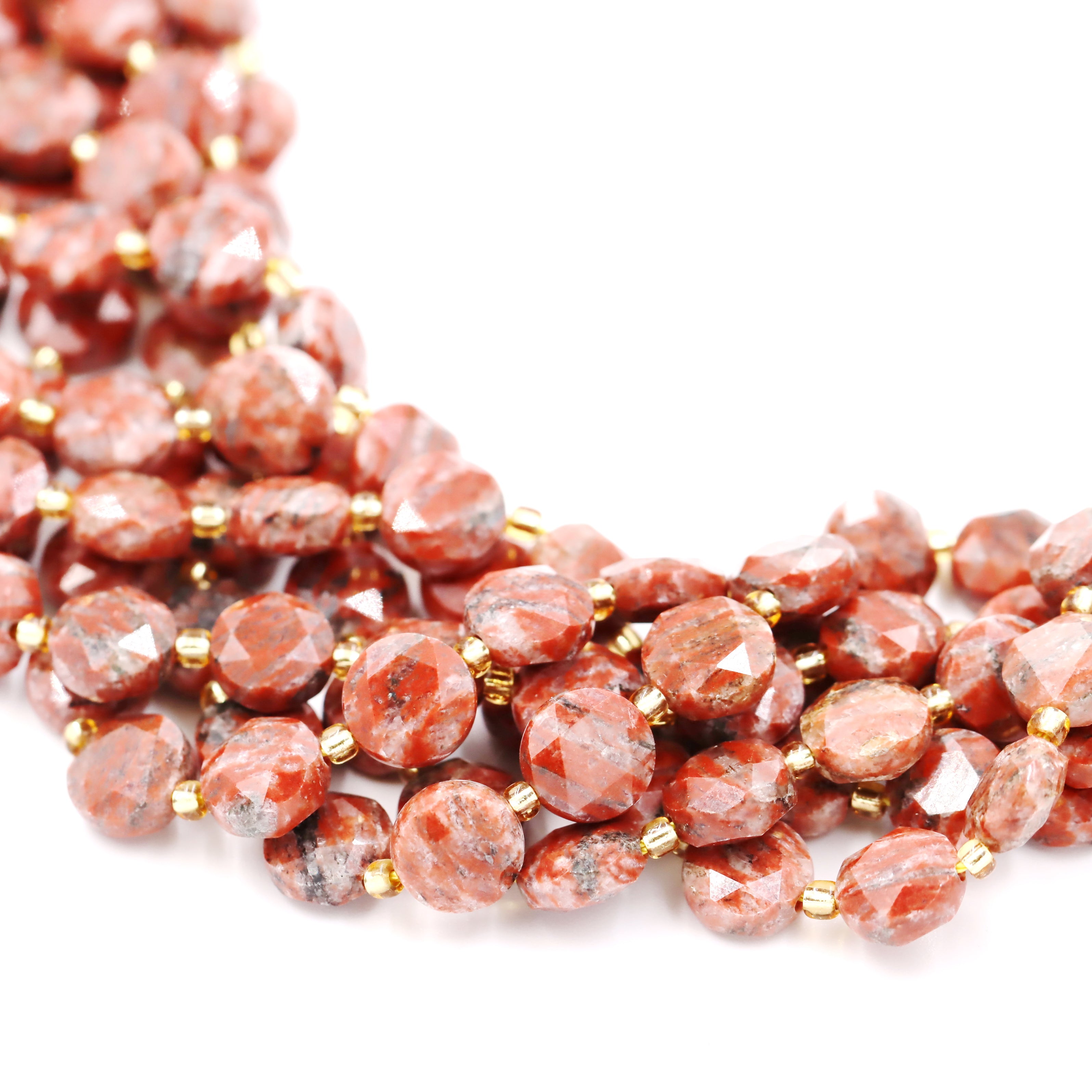 Malahill faceted flat round stone beads for jewelry making, sold per bag 5 strands inside, Red Strip Jasper beads