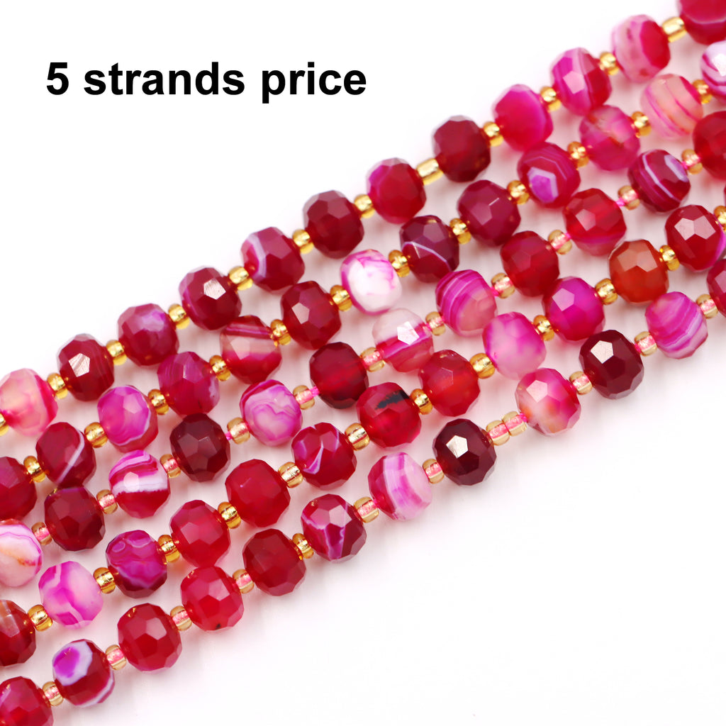 Malahill faceted rondelle gemstone for jewelry making, sold per bag 5 strands inside, Red Stripe Agate beads