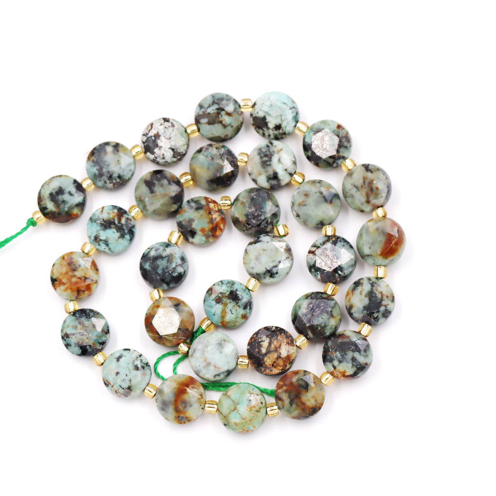 Malahill faceted flat round stone beads for jewelry making, sold per bag 5 strands inside, African Turquoise A beads