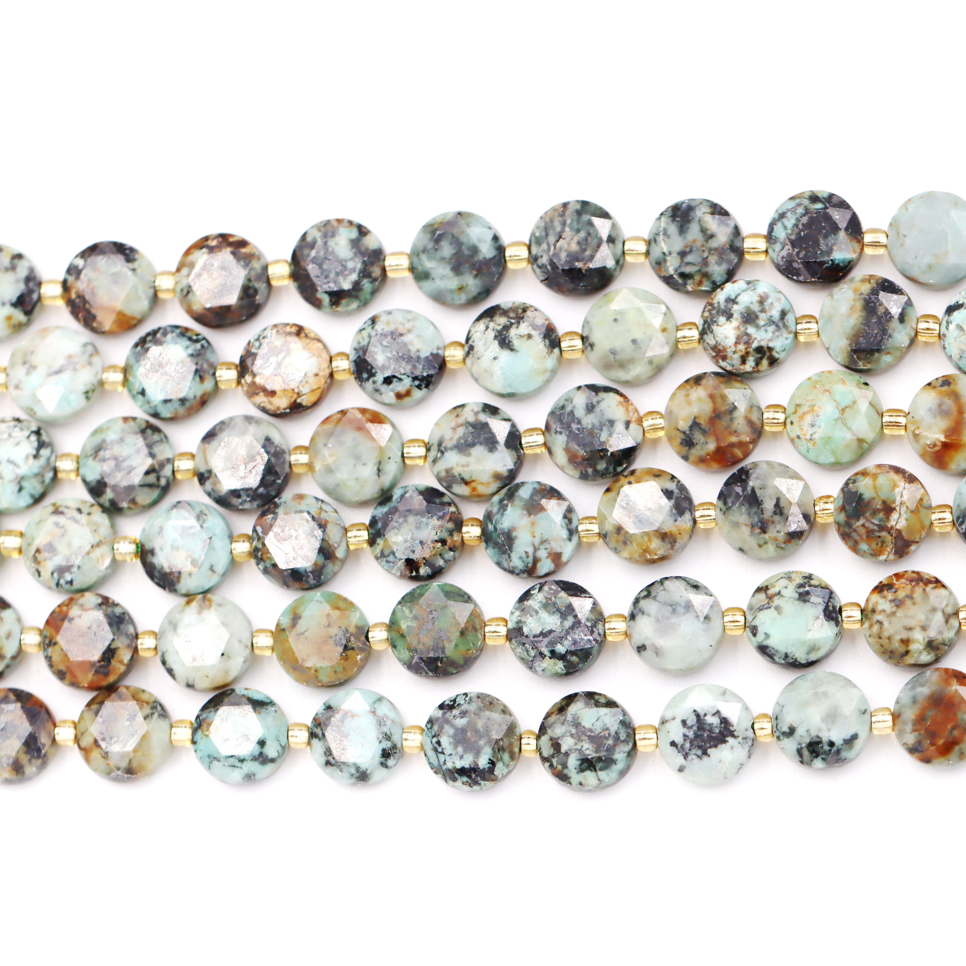 Malahill faceted flat round stone beads for jewelry making, sold per bag 5 strands inside, African Turquoise A beads