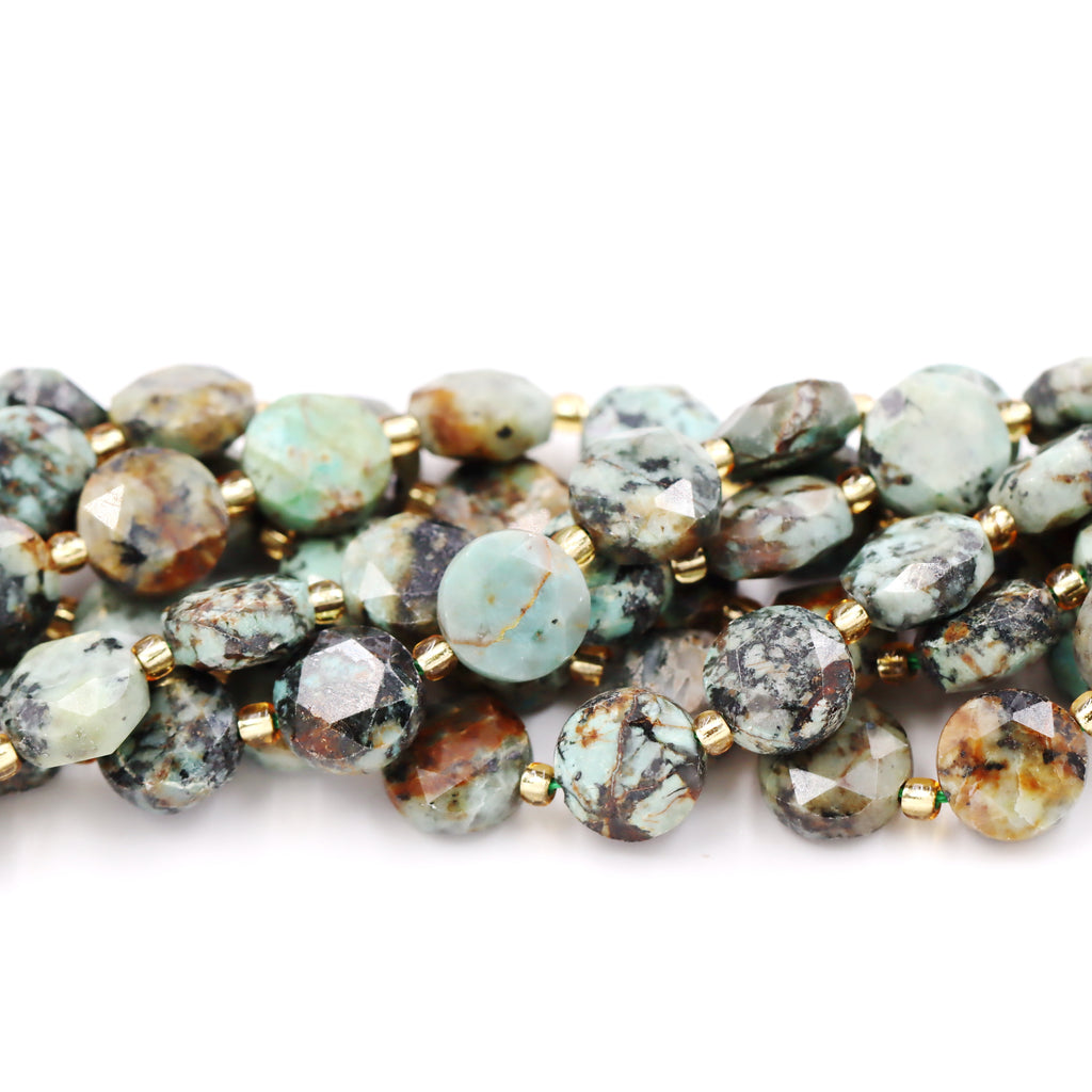 Malahill faceted flat round stone beads for jewelry making, sold per bag 5 strands inside, African Turquoise A beads