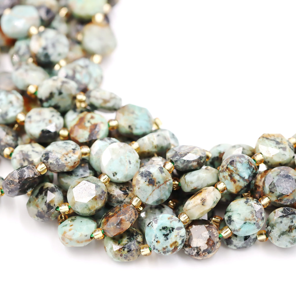 Malahill faceted flat round stone beads for jewelry making, sold per bag 5 strands inside, African Turquoise A beads