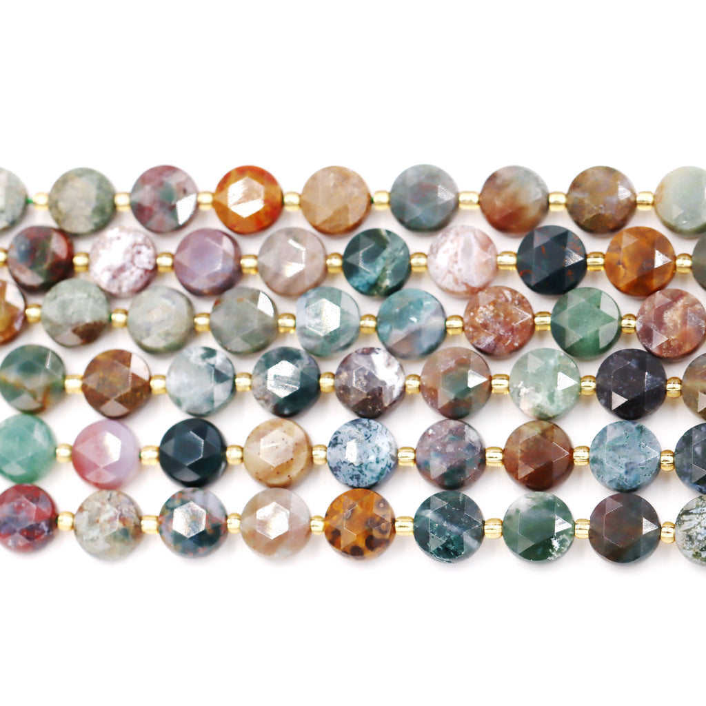 Malahill faceted flat round stone beads for jewelry making, sold per bag 5 strands inside, Indian Agate beads