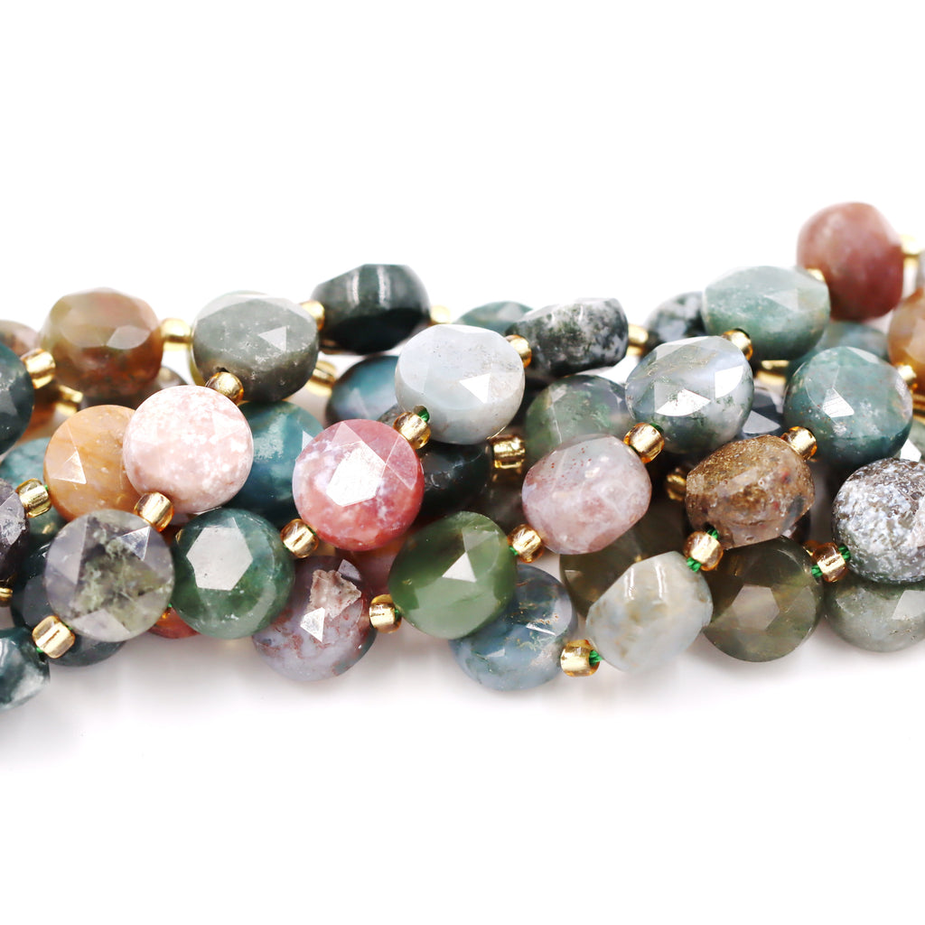 Malahill faceted flat round stone beads for jewelry making, sold per bag 5 strands inside, Indian Agate beads