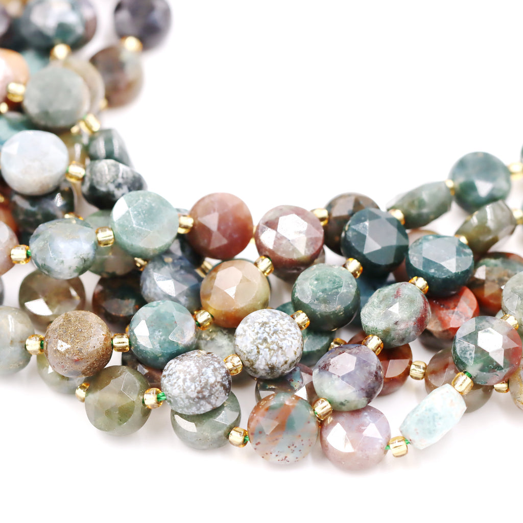 Malahill faceted flat round stone beads for jewelry making, sold per bag 5 strands inside, Indian Agate beads