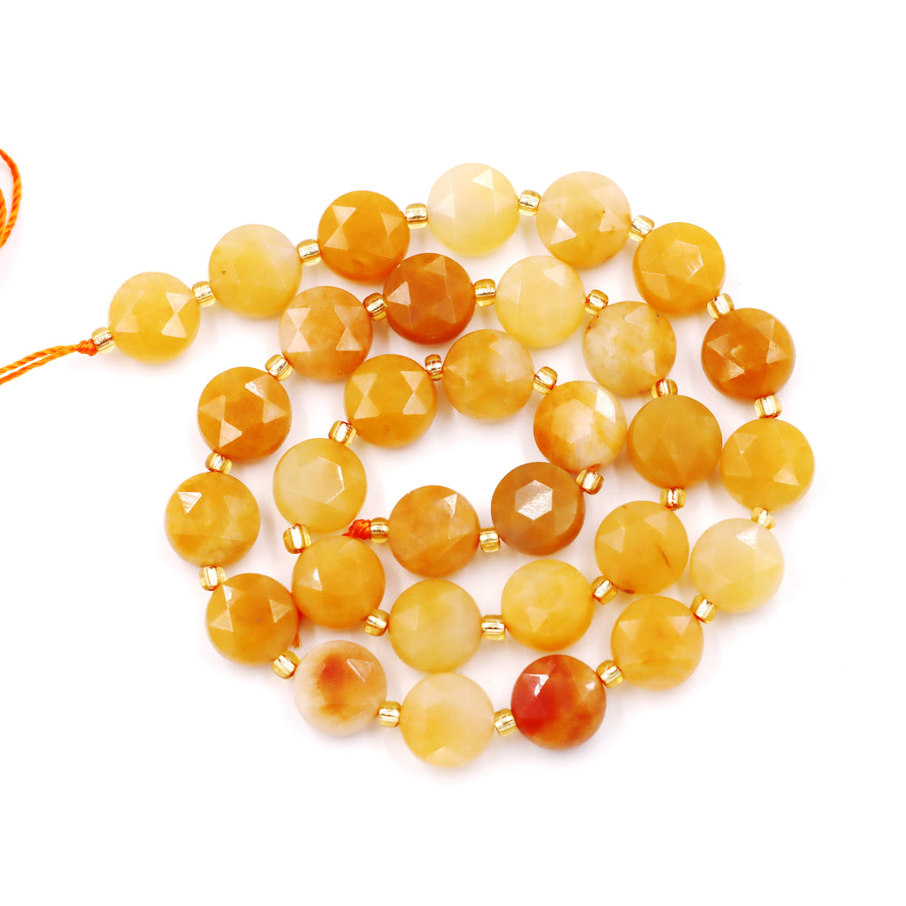 Malahill faceted flat round stone beads for jewelry making, sold per bag 5 strands inside, Yellow Jade beads