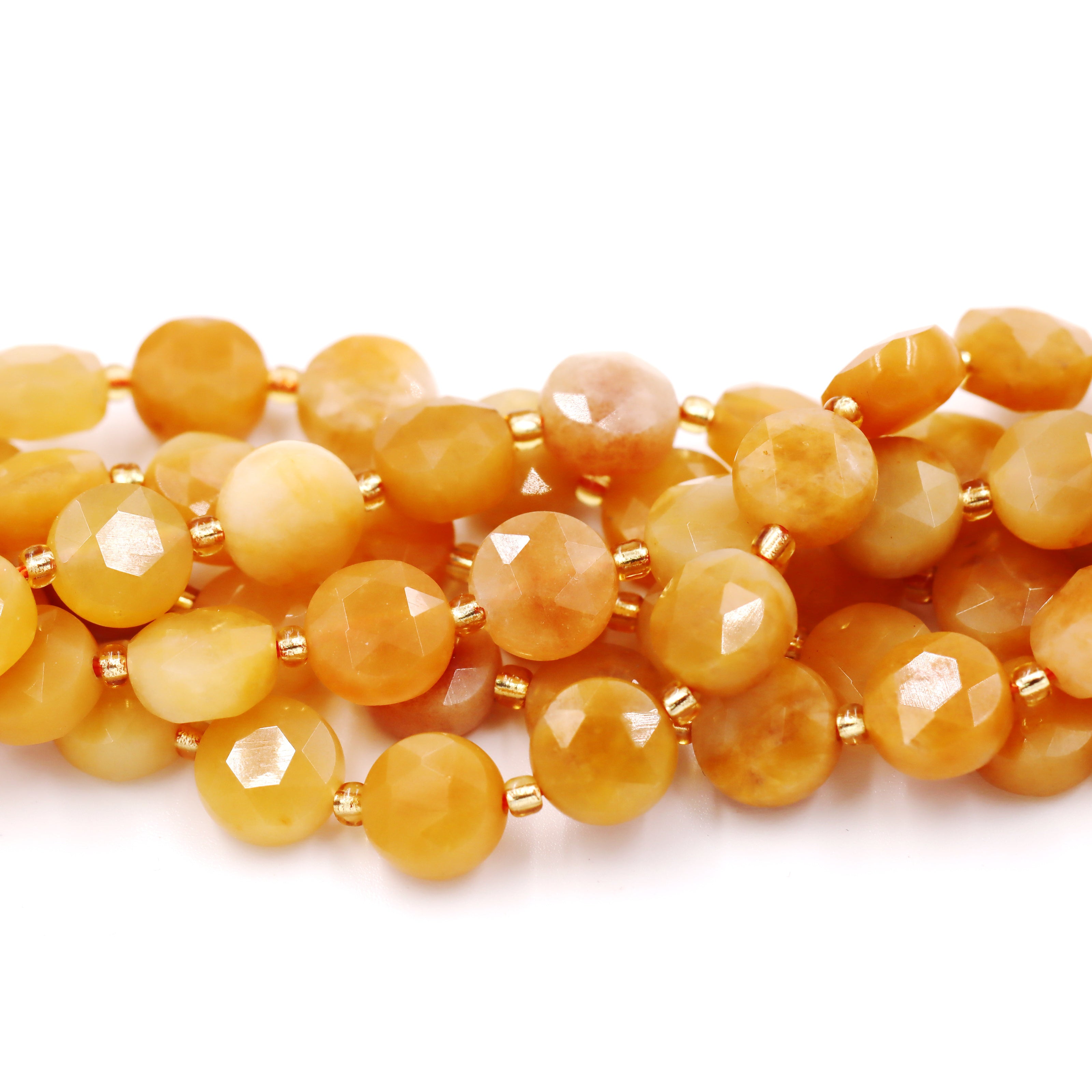 Malahill faceted flat round stone beads for jewelry making, sold per bag 5 strands inside, Yellow Jade beads