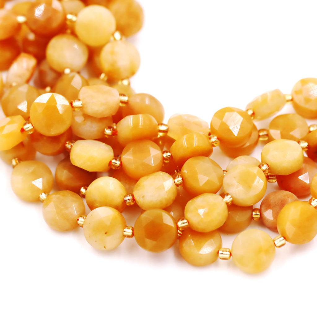 Malahill faceted flat round stone beads for jewelry making, sold per bag 5 strands inside, Yellow Jade beads