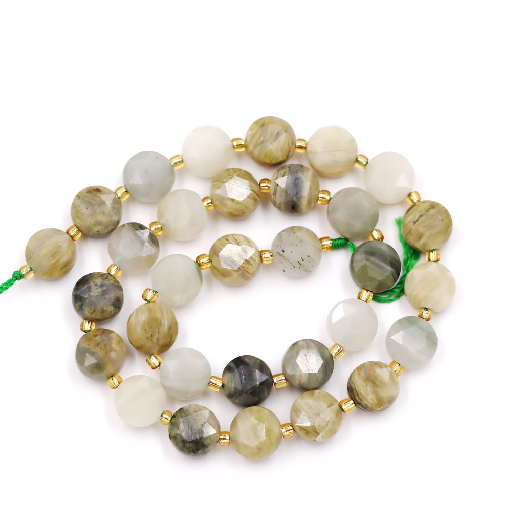 Malahill faceted flat round stone beads for jewelry making, sold per bag 5 strands inside, Green Sandalwood Fossil beads