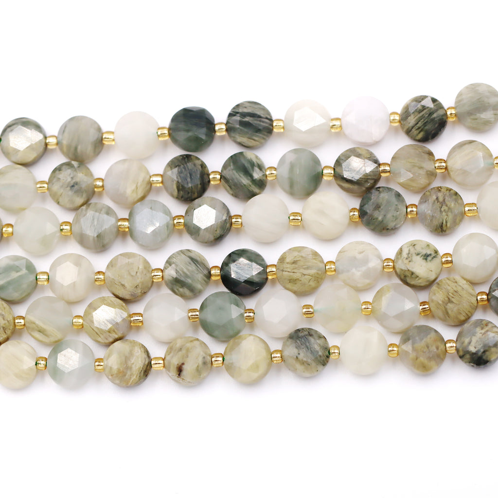 Malahill faceted flat round stone beads for jewelry making, sold per bag 5 strands inside, Green Sandalwood Fossil beads