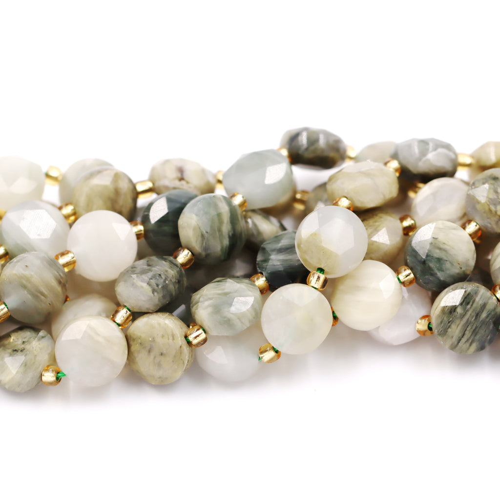 Malahill faceted flat round stone beads for jewelry making, sold per bag 5 strands inside, Green Sandalwood Fossil beads