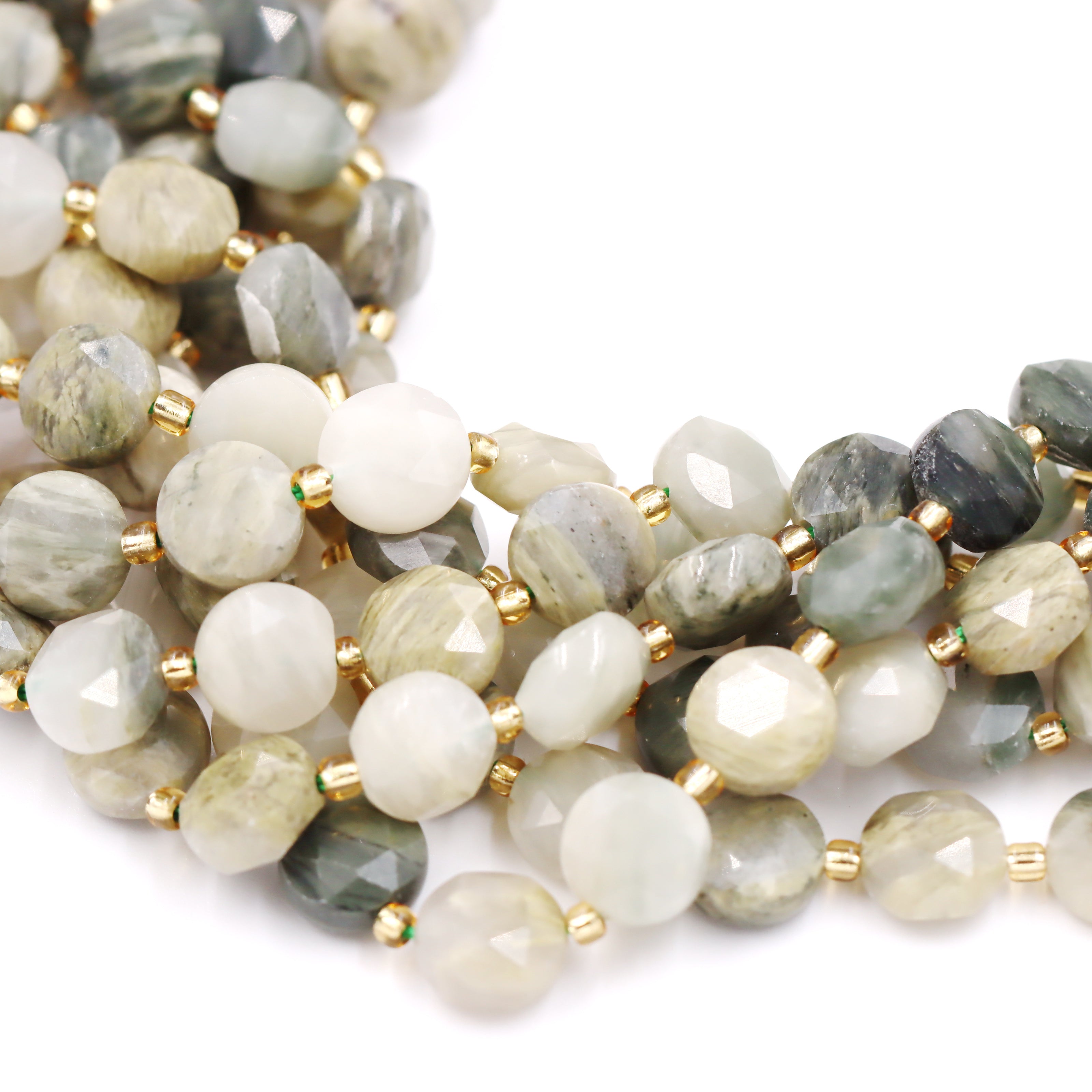 Malahill faceted flat round stone beads for jewelry making, sold per bag 5 strands inside, Green Sandalwood Fossil beads