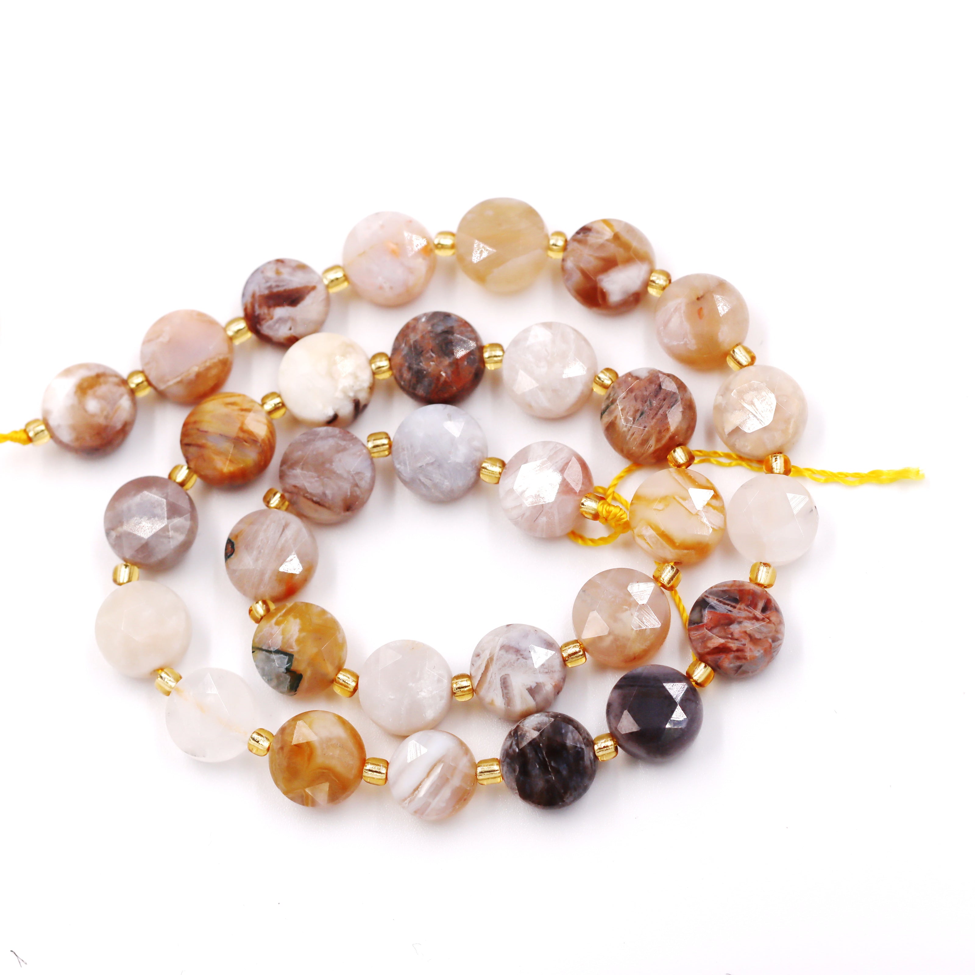 Malahill faceted flat round stone beads for jewelry making, sold per bag 5 strands inside, Bamboo Agate beads