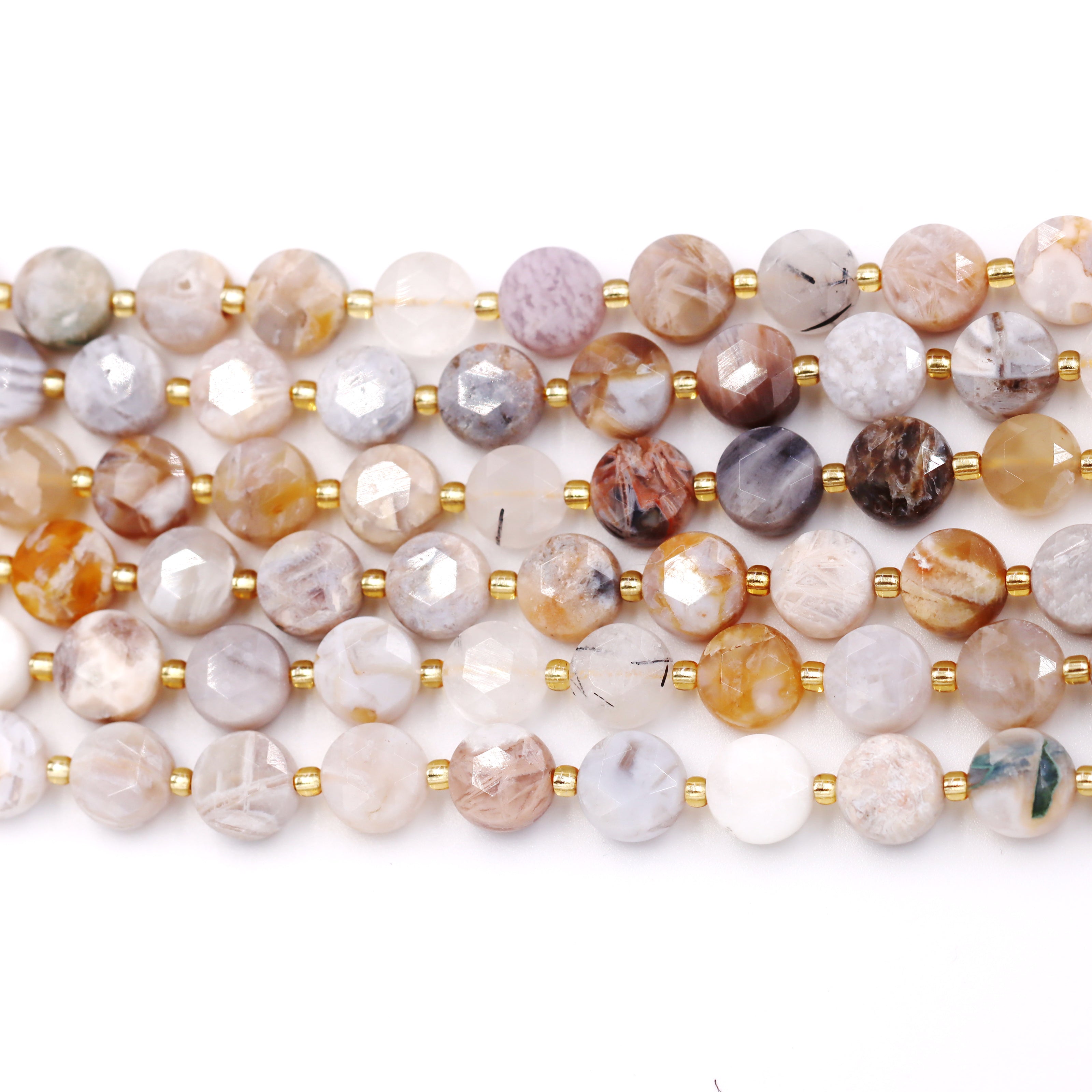 Malahill faceted flat round stone beads for jewelry making, sold per bag 5 strands inside, Bamboo Agate beads
