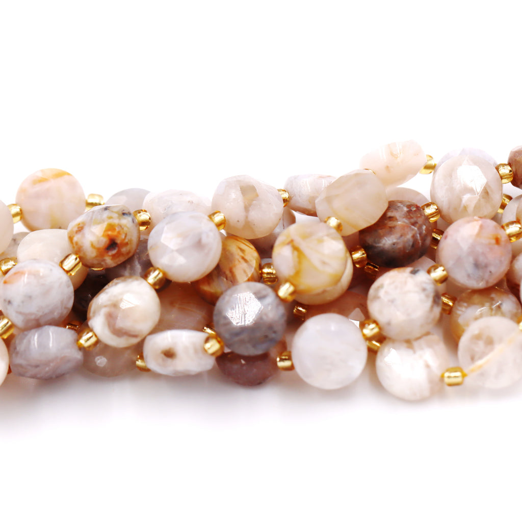 Malahill faceted flat round stone beads for jewelry making, sold per bag 5 strands inside, Bamboo Agate beads