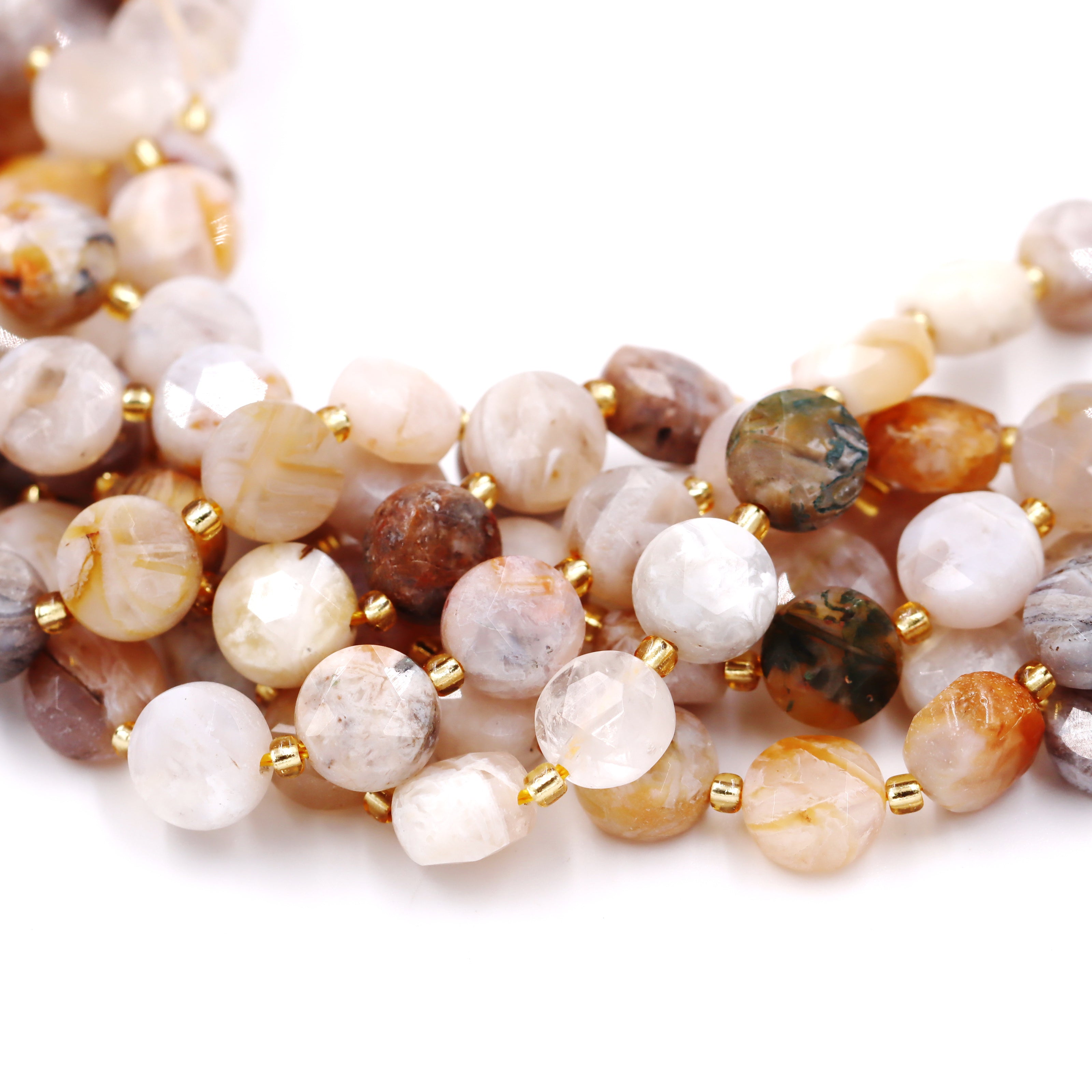 Malahill faceted flat round stone beads for jewelry making, sold per bag 5 strands inside, Bamboo Agate beads