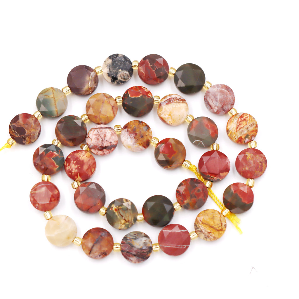 Malahill faceted flat round stone beads for jewelry making, sold per bag 5 strands inside, Red Picasso Jasper beads
