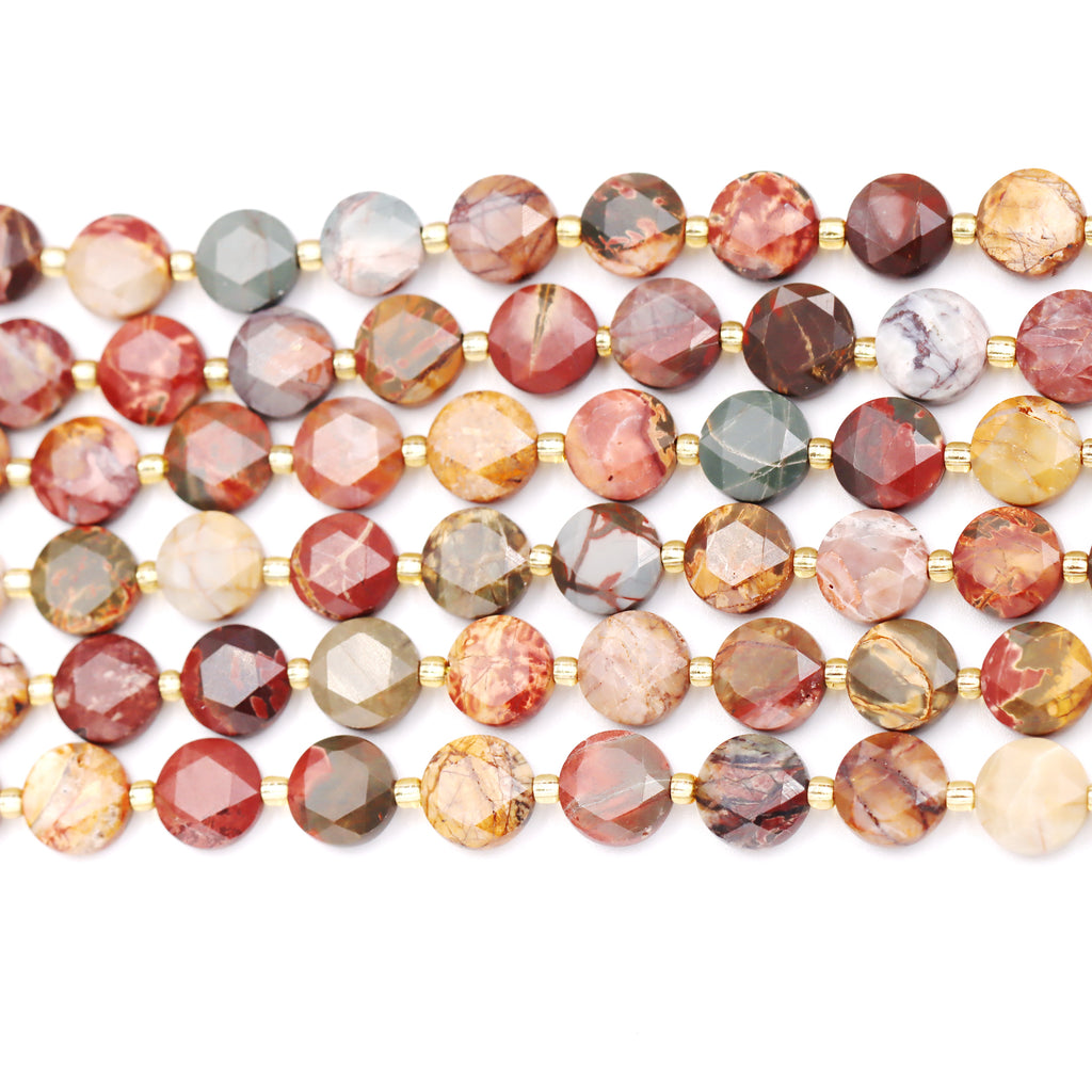 Malahill faceted flat round stone beads for jewelry making, sold per bag 5 strands inside, Red Picasso Jasper beads