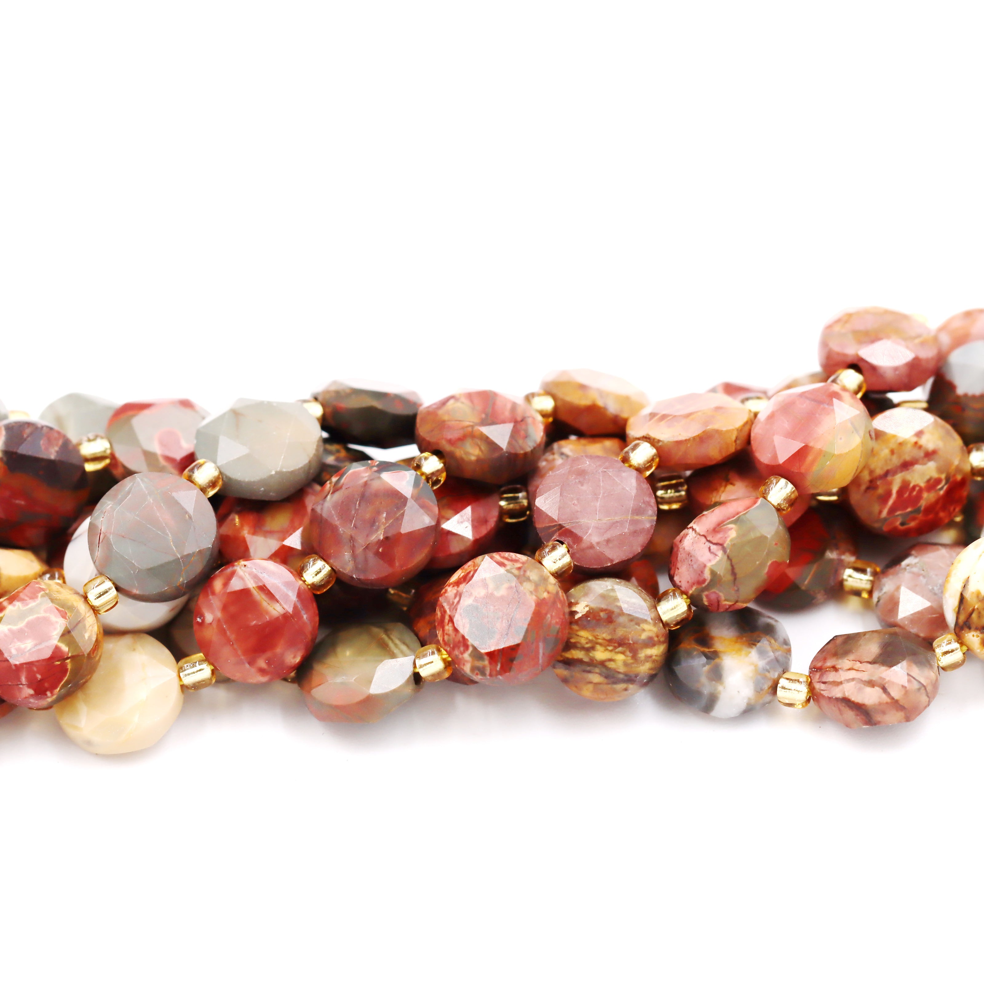 Malahill faceted flat round stone beads for jewelry making, sold per bag 5 strands inside, Red Picasso Jasper beads