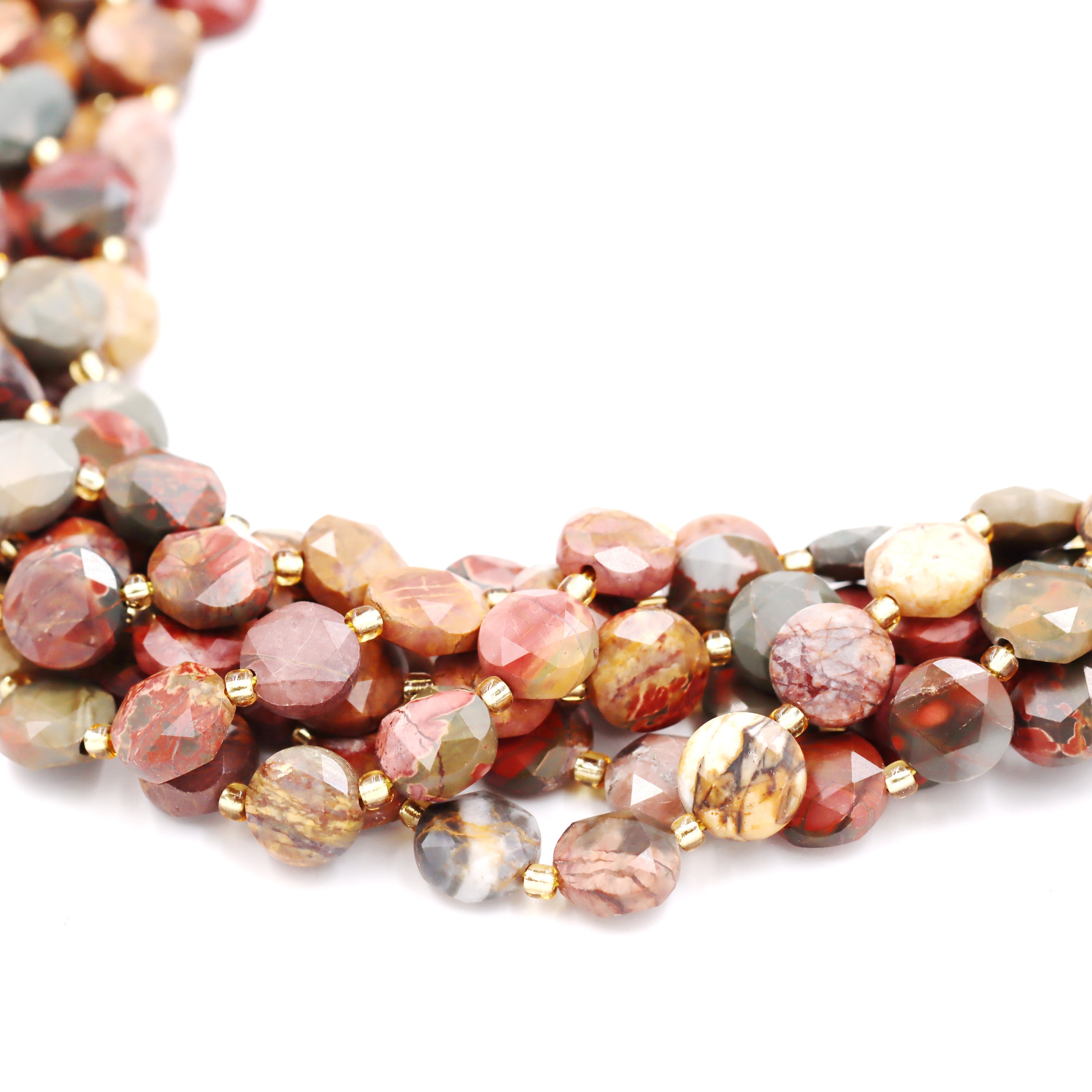 Malahill faceted flat round stone beads for jewelry making, sold per bag 5 strands inside, Red Picasso Jasper beads