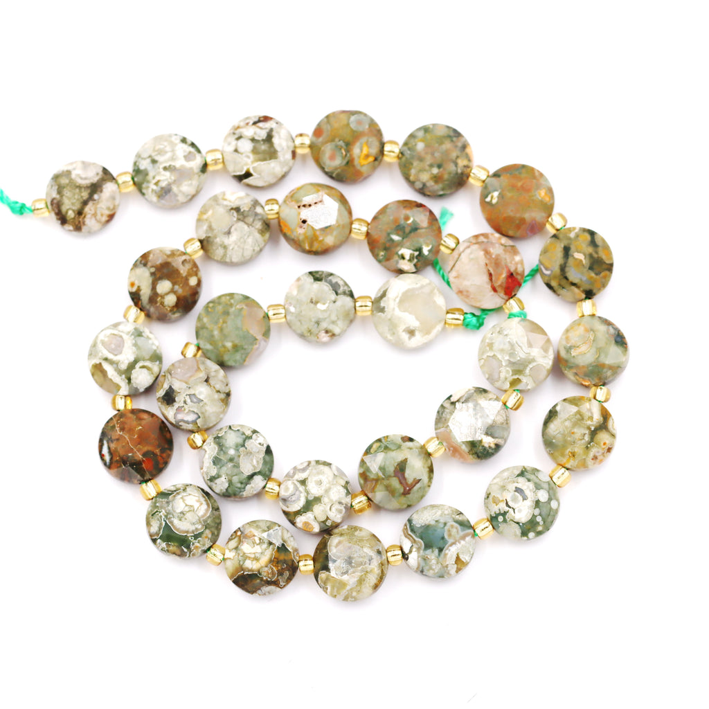 Malahill faceted flat round stone beads for jewelry making, sold per bag 5 strands inside, Rhyolite beads