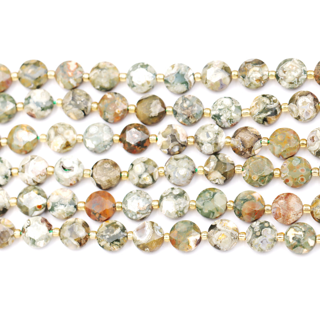 Malahill faceted flat round stone beads for jewelry making, sold per bag 5 strands inside, Rhyolite beads