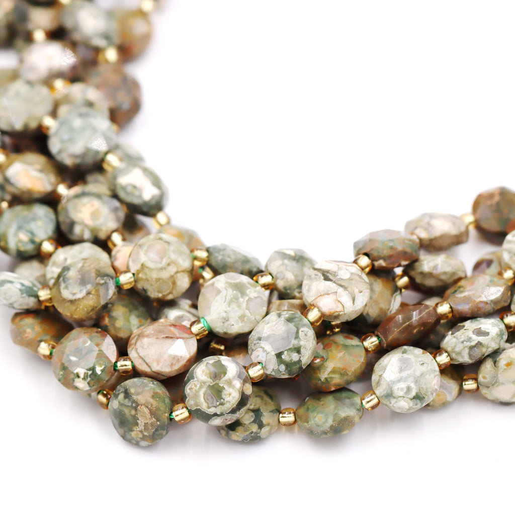 Malahill faceted flat round stone beads for jewelry making, sold per bag 5 strands inside, Rhyolite beads